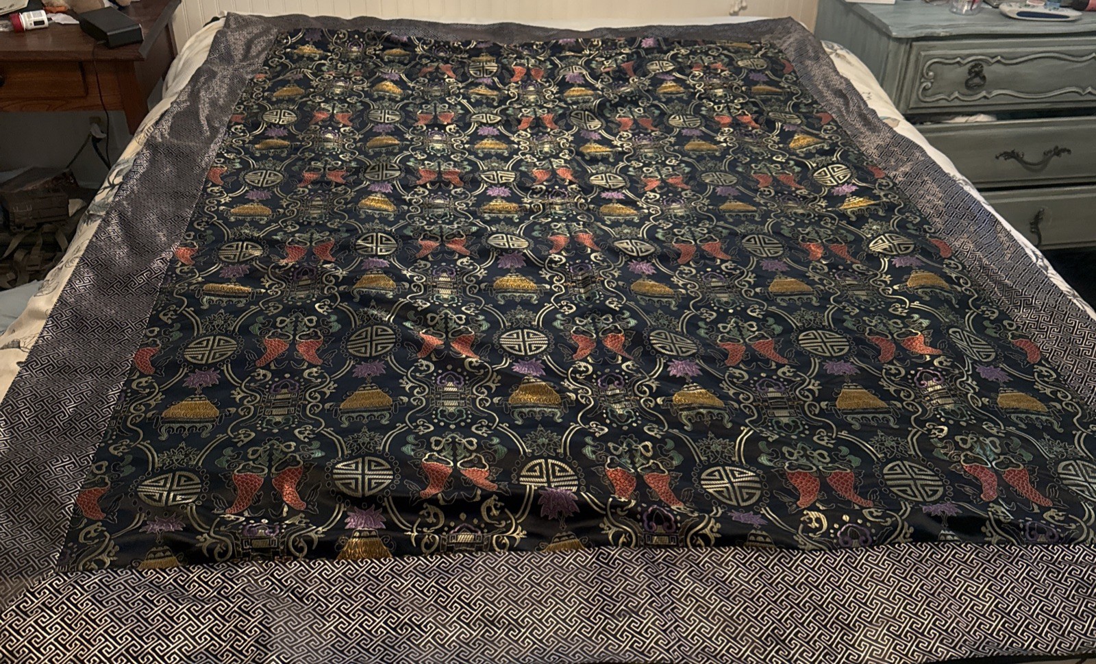 Vintage Chinese Silk Brocade Tablecloth/ Bed Cover Koi Fish Black Gold 74×54.4