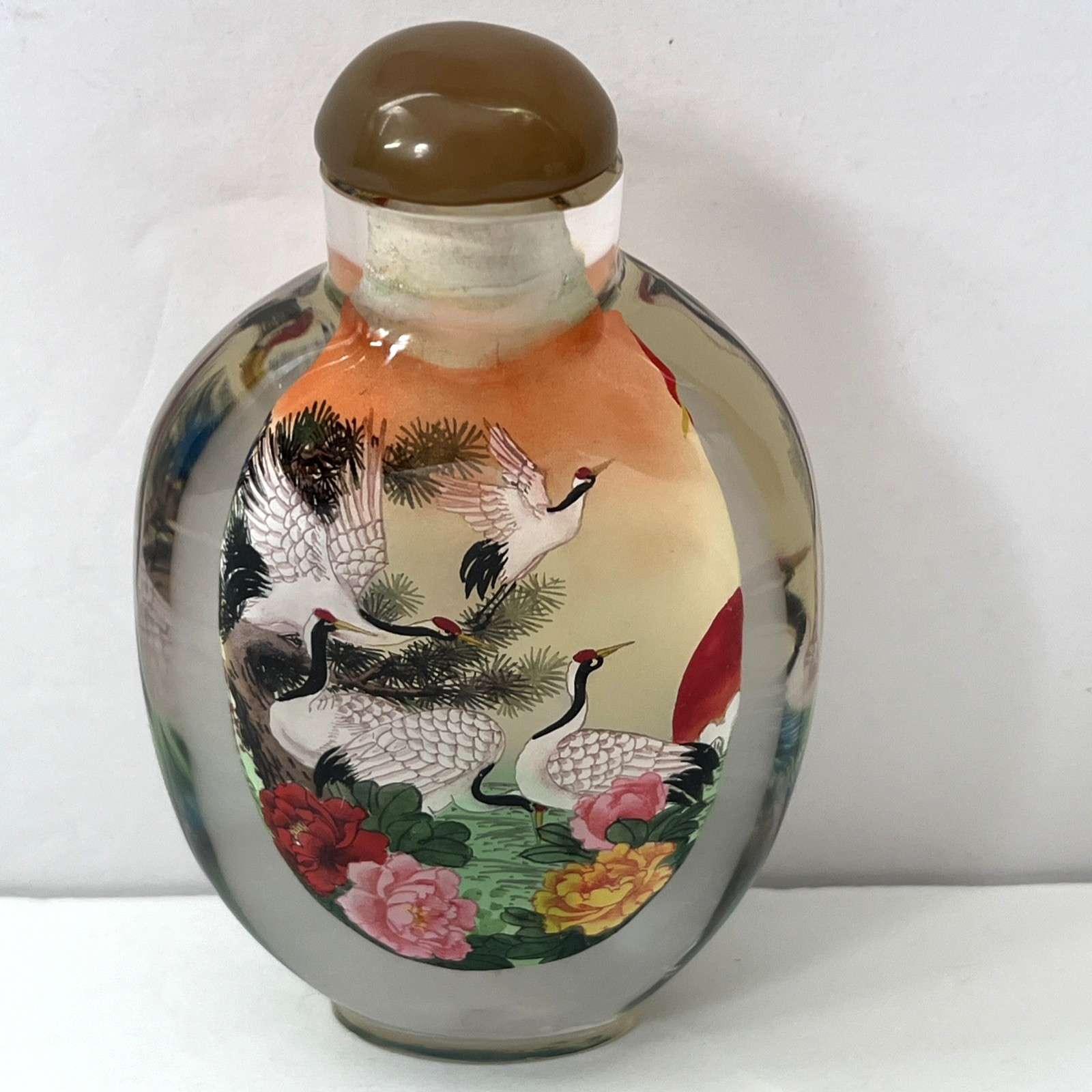 Vintage Chinese Reverse Painted Glass Snuff Bottle Crane Peony Pine Tree