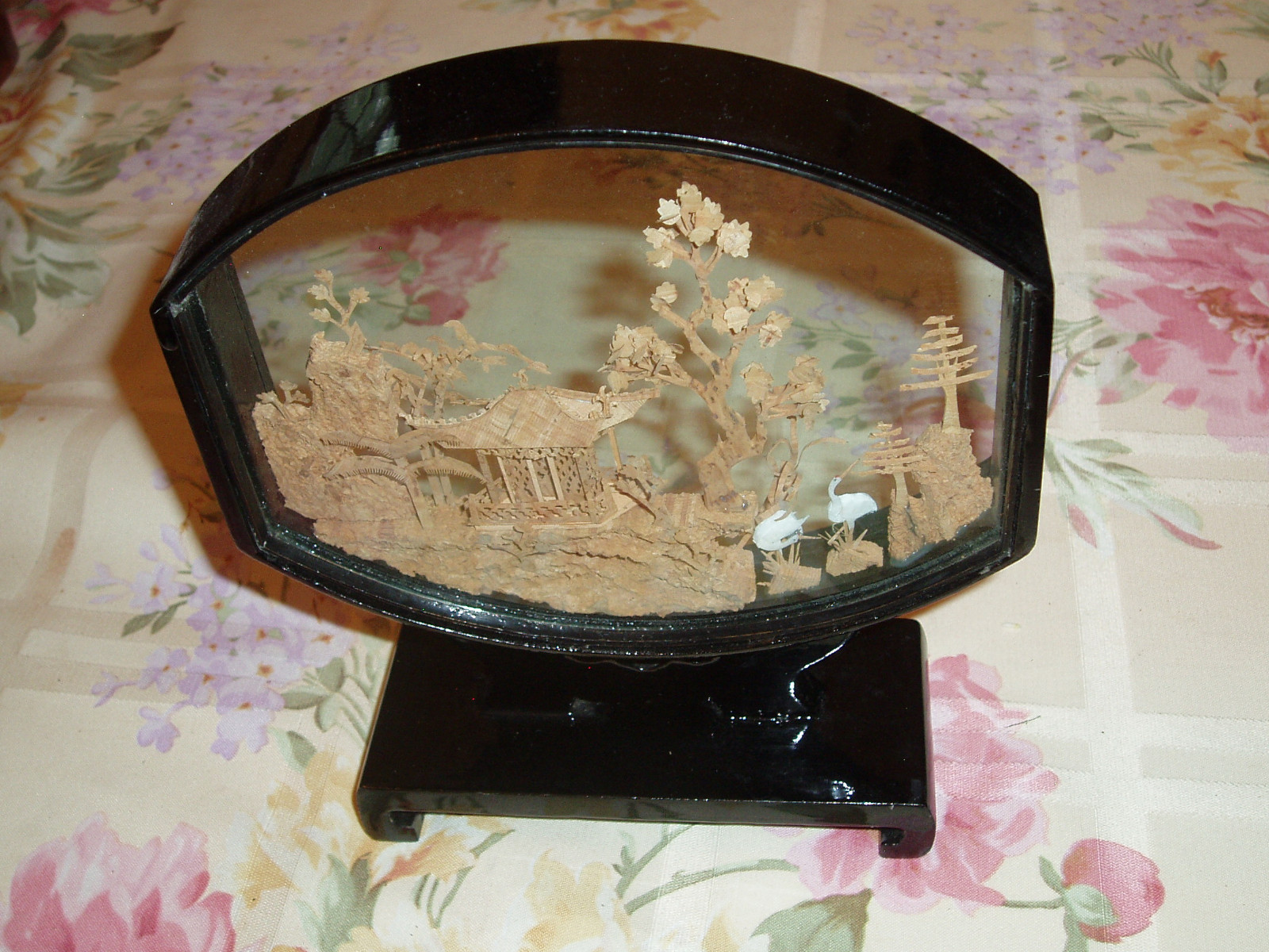 Vintage Chinese Artwork Cork Sculpture Rounded Display Pagoda Cranes Trees