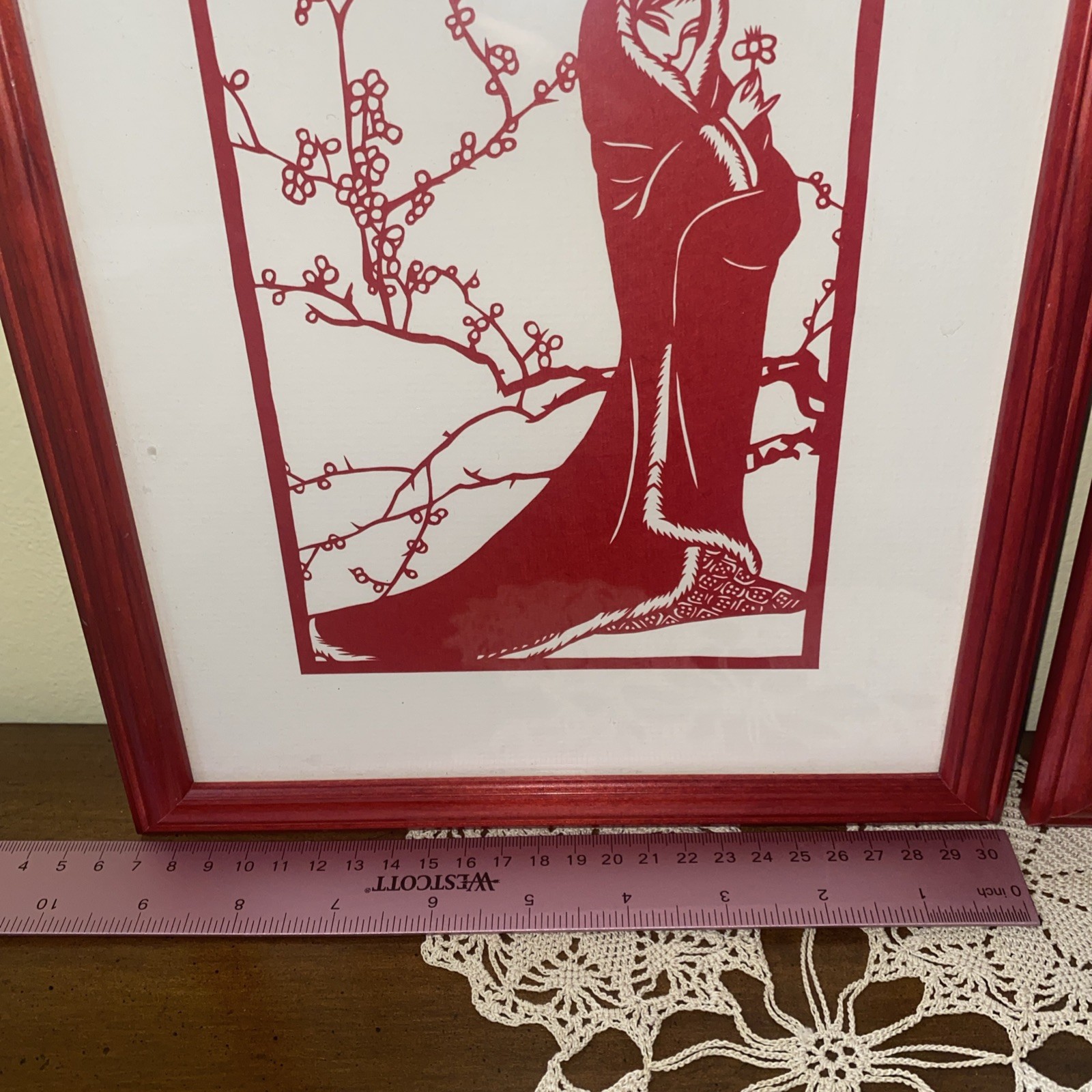 Vintage Chinese hand cut paper cutouts professionally framed Set 2 Red & White