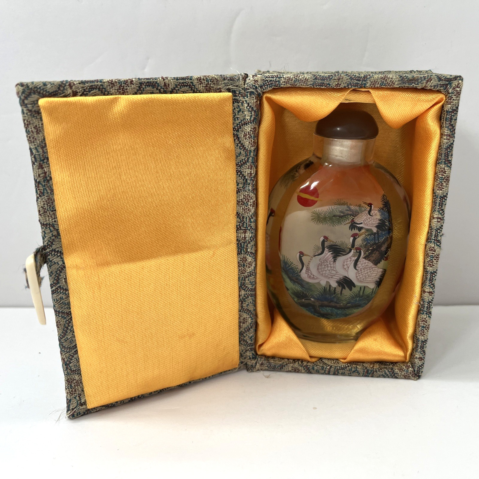 Vintage Chinese Reverse Painted Glass Snuff Bottle Crane Peony Pine Tree