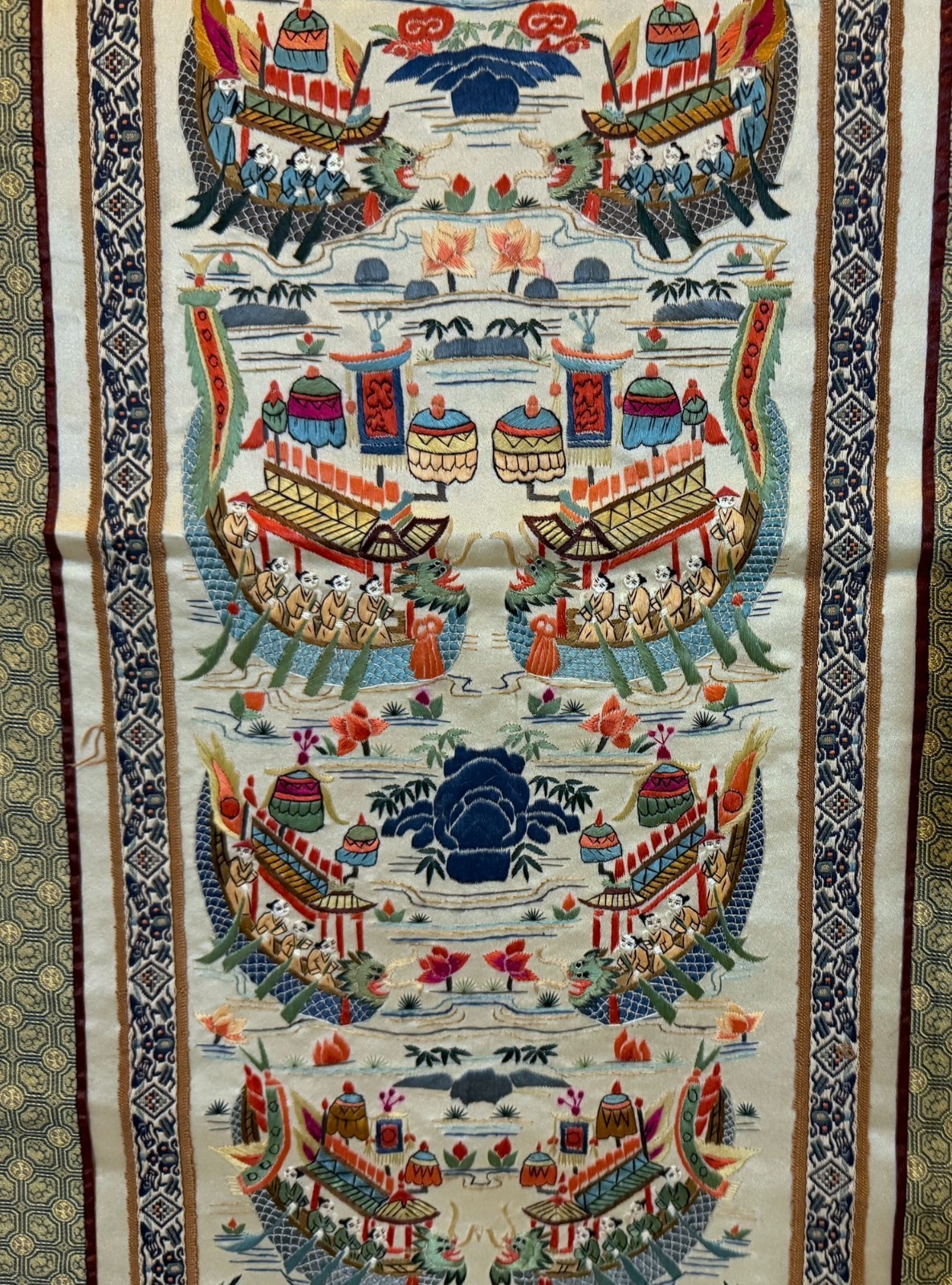 GORGEOUS COLORFUL CHINESE EMBROIDERED SILK PANEL ART WORK – 25″ X 12″ 1/2