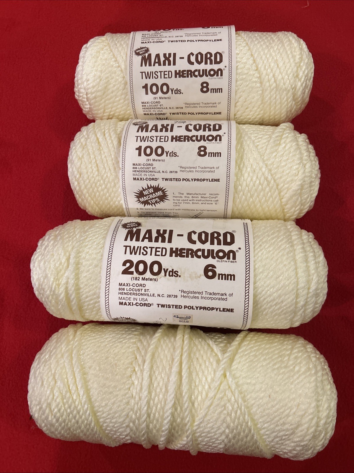 (4) MAXI-CORD Twisted Polypropylene High Gloss Ivory Macrame NEW