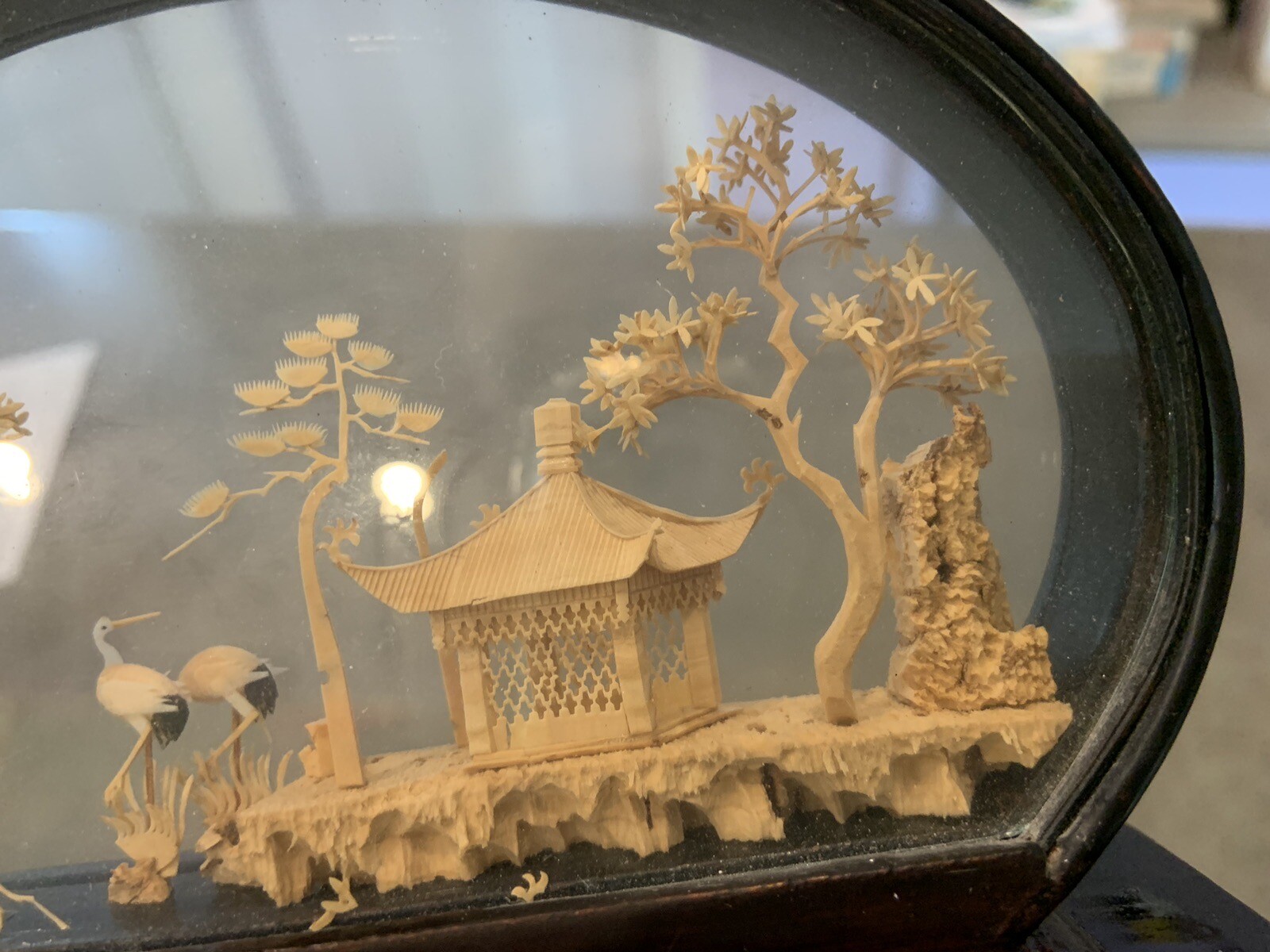 VINTAGE CHINESE SAN YOU DIORAMA CORK CARVING GLASS CASE PAGODA TREES & CRANES.