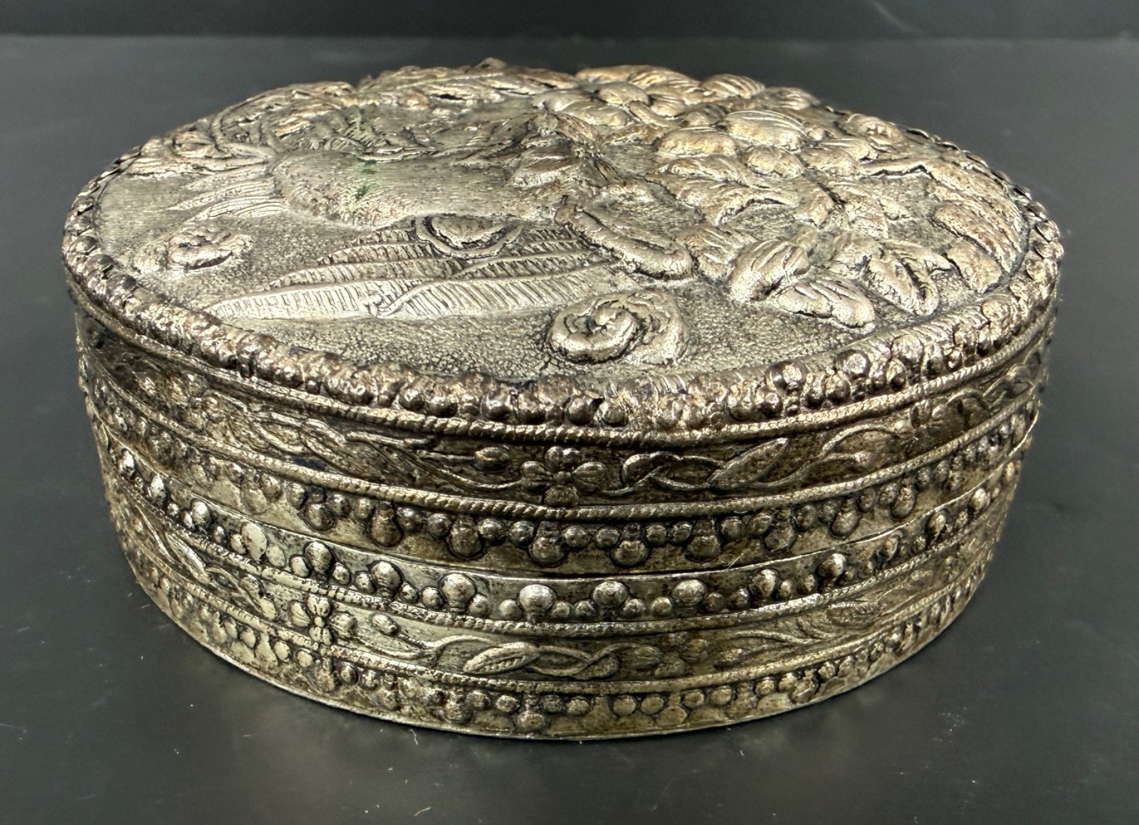 Vintage Chinese Asian Silver Plate Chased Repousse Pill Make Up Powder Box