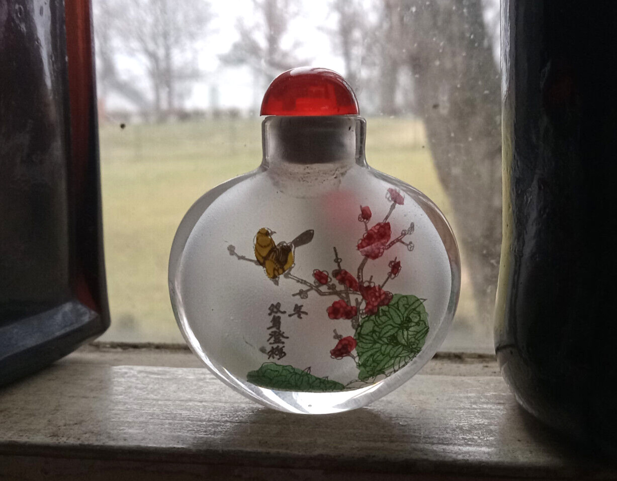 VINTAGE CHINESE REVERSE INSIDE PAINTED GLASS SNUFF BOTTLE WITH BIRDS & FLOWERS