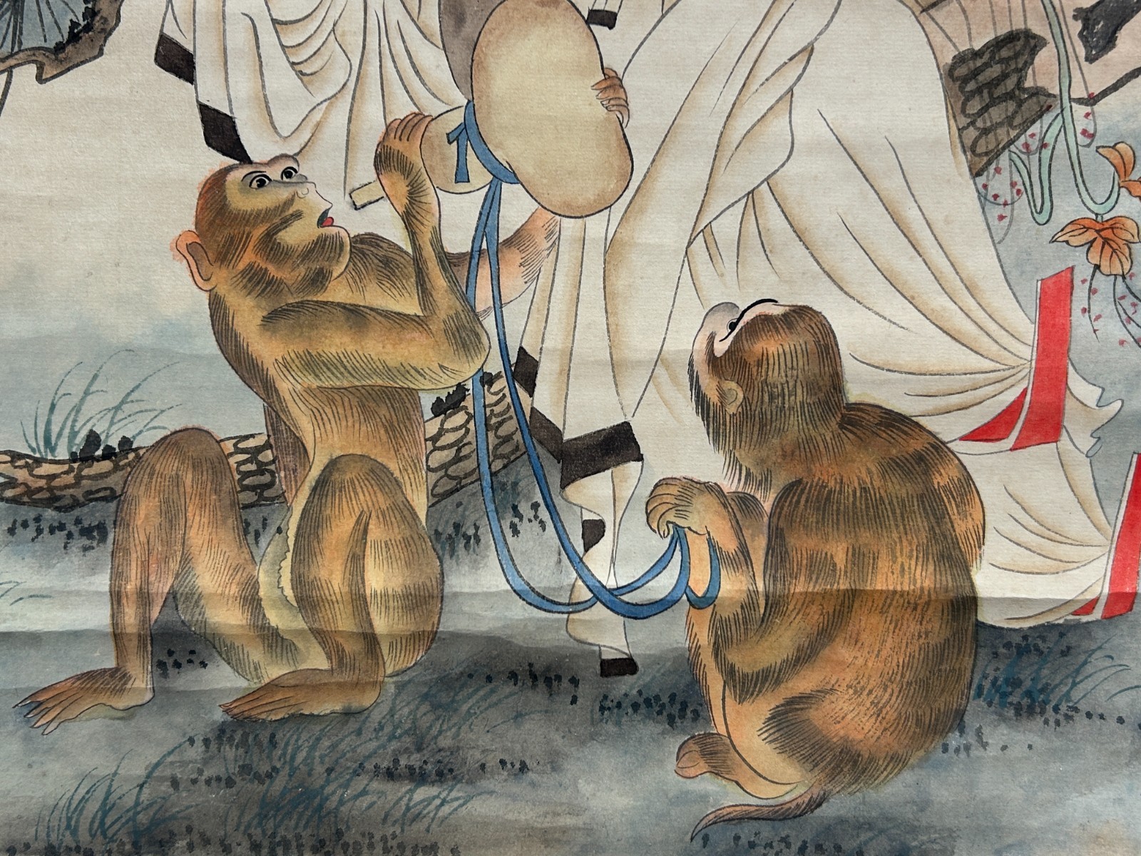 Oriental Scholar Monkeys Ink Brush Color Scroll Painting Wall Art ws4781