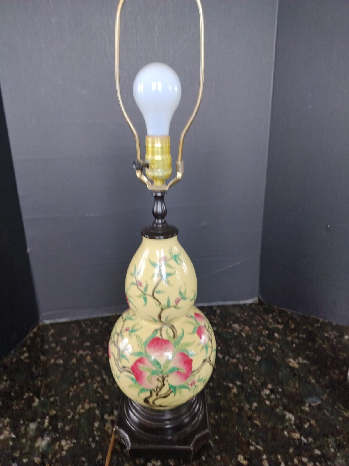 Vintage Chinese Yellow Gourd Vase Lamp – Butterflies & Flowers – Working 27″
