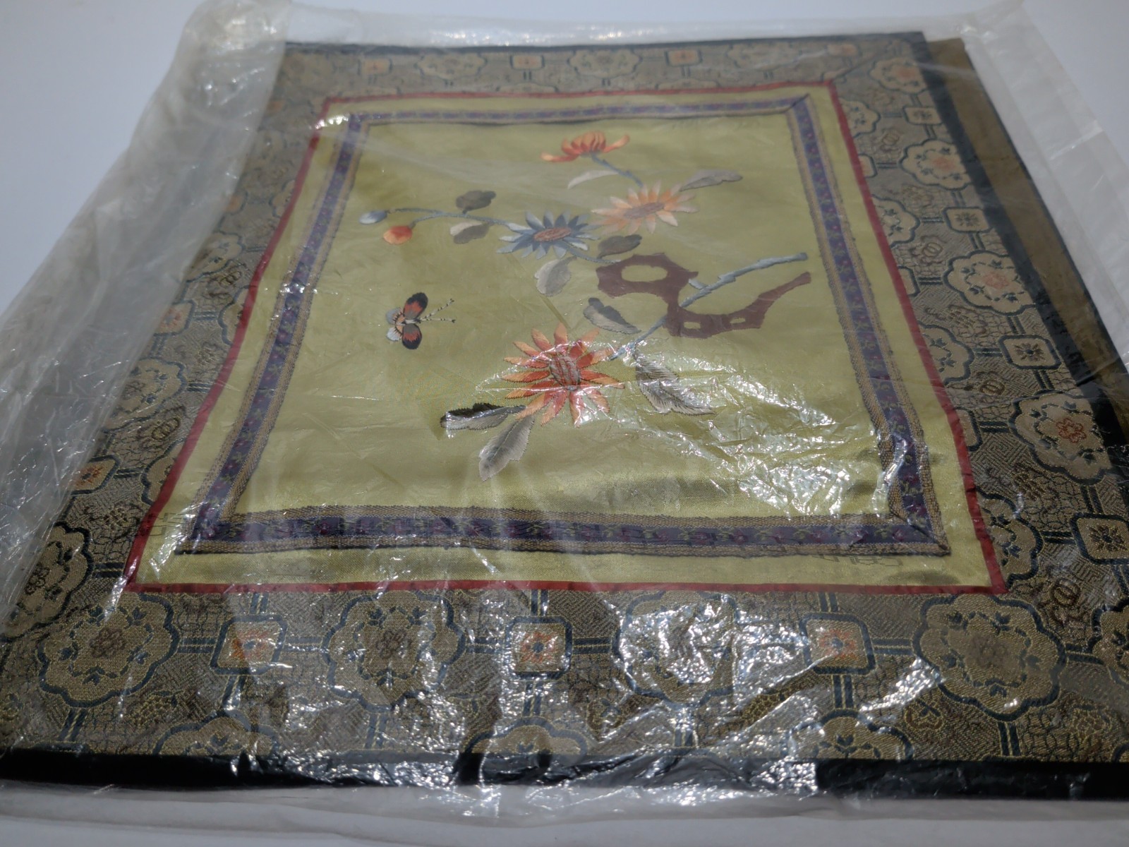 ✨VINTAGE✨ Set Of 2 CHINA SILK EMBROIDERED PANELS BIRD BUTTERFLY & Flower SQUARE