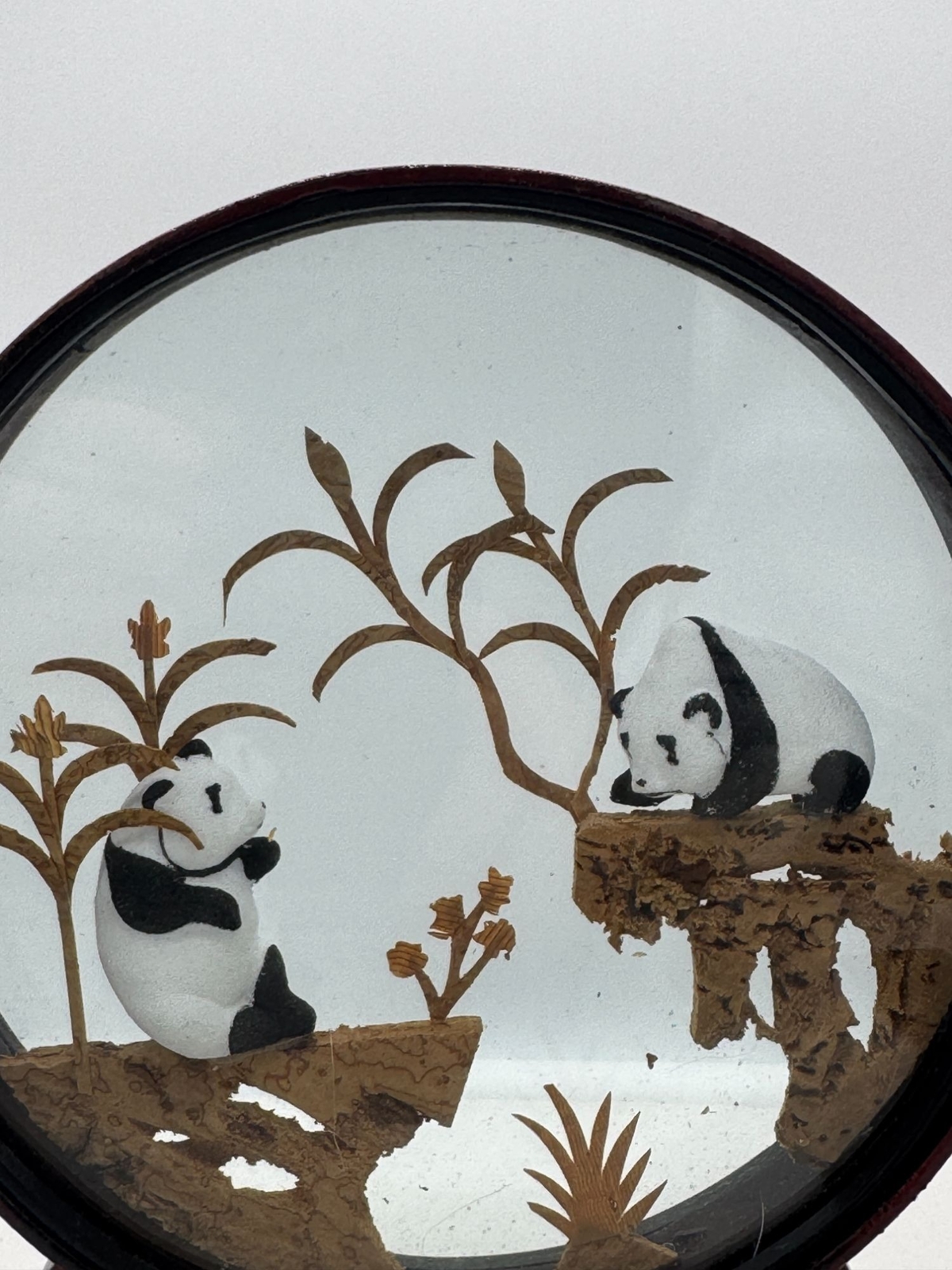 Vintage Chinese Cork Diorama Panda Bears Dark Wood Frame
