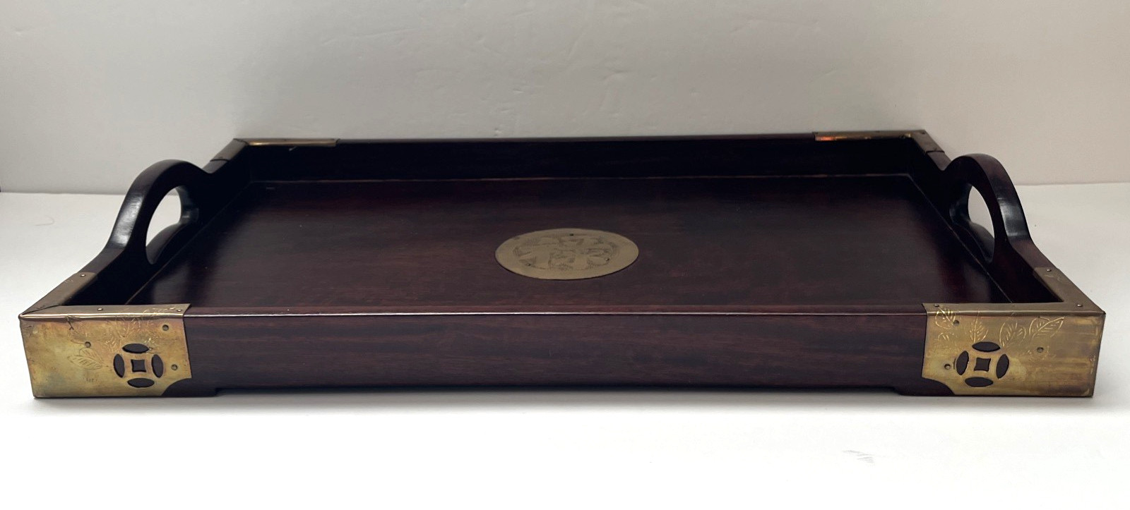 Vtg Chinese Hand Crafted Hardwood Tray w/ Etched Brass Motif Career Prospects