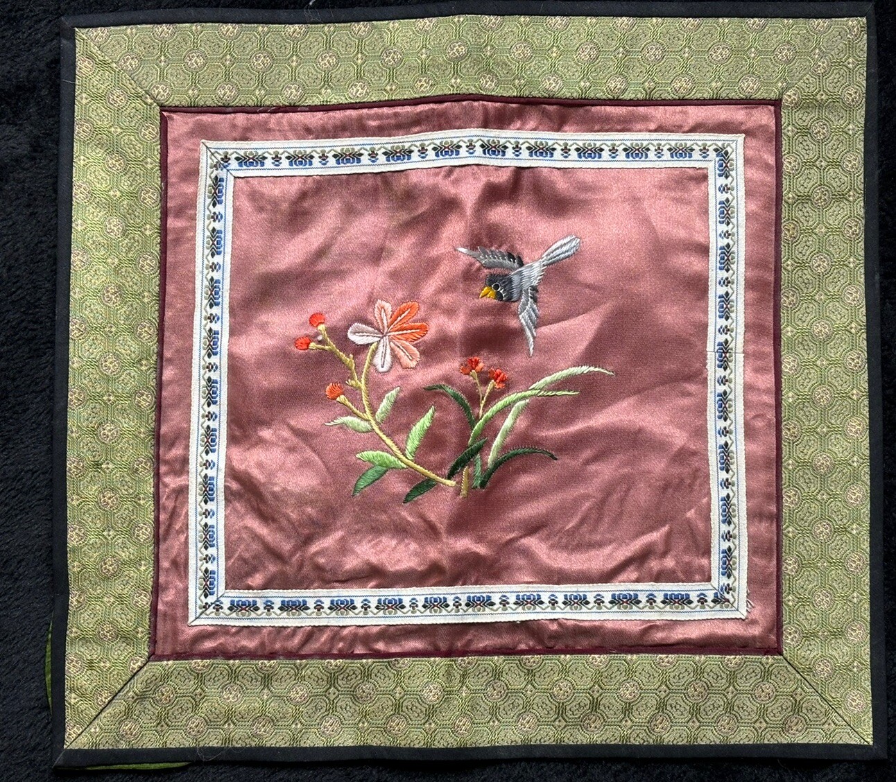 Vintage Hand Embroidered Silk Panel Set With Birds and Flowers 11 1/2” X 10 1/2”