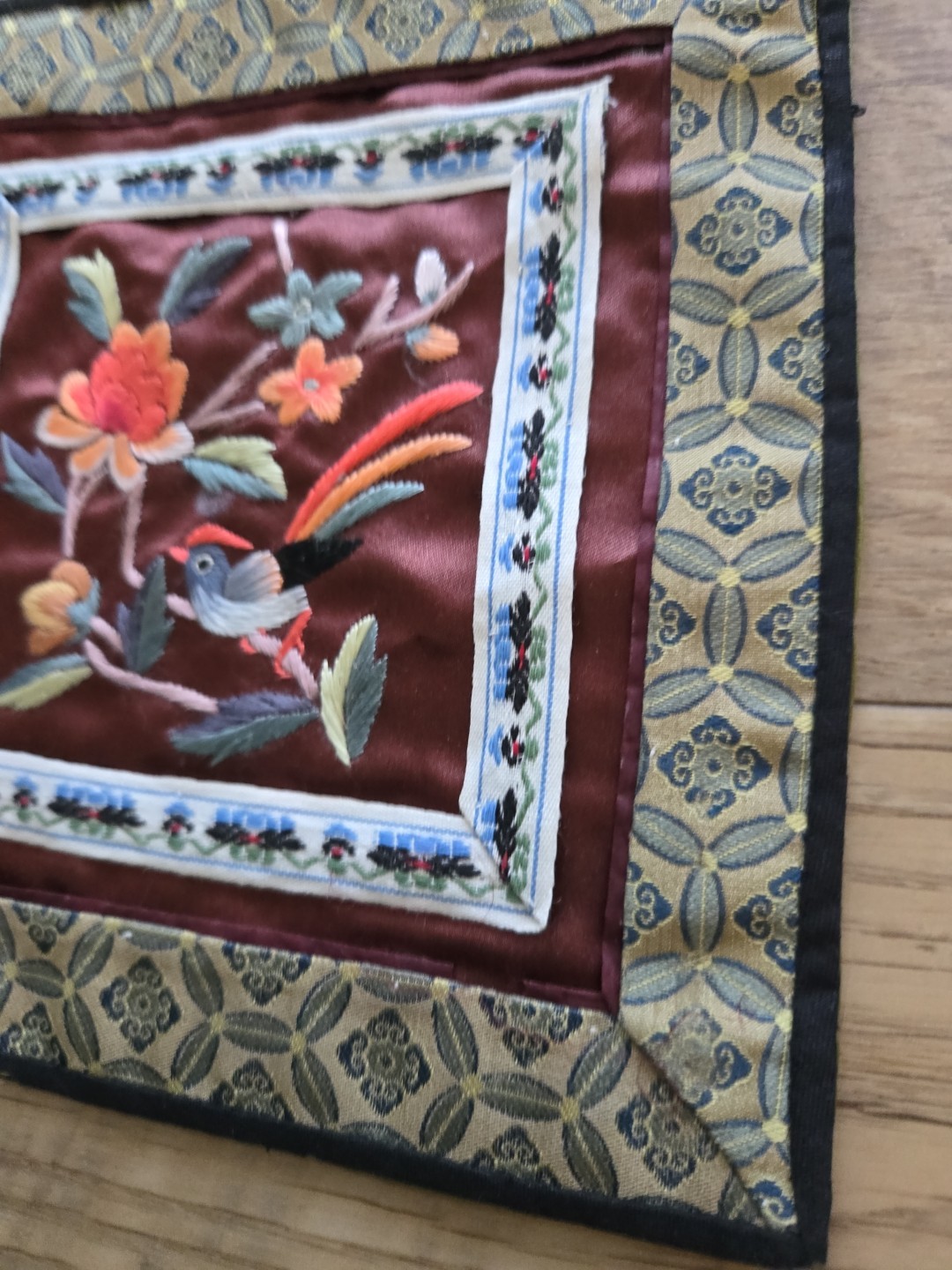 Vintage Chinese Hand Embroidered Silk Panel Butterfly & Flowers 11″x10 1/4″