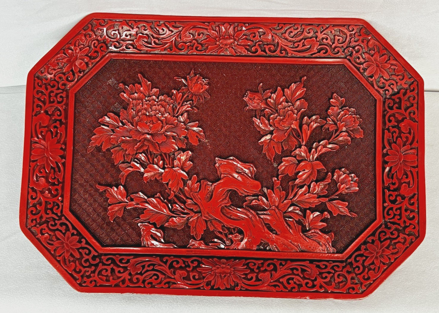 Vintage Chinese Cinnabar Lacquer Serving Tray Platter Carved Peony Floral 14×10″