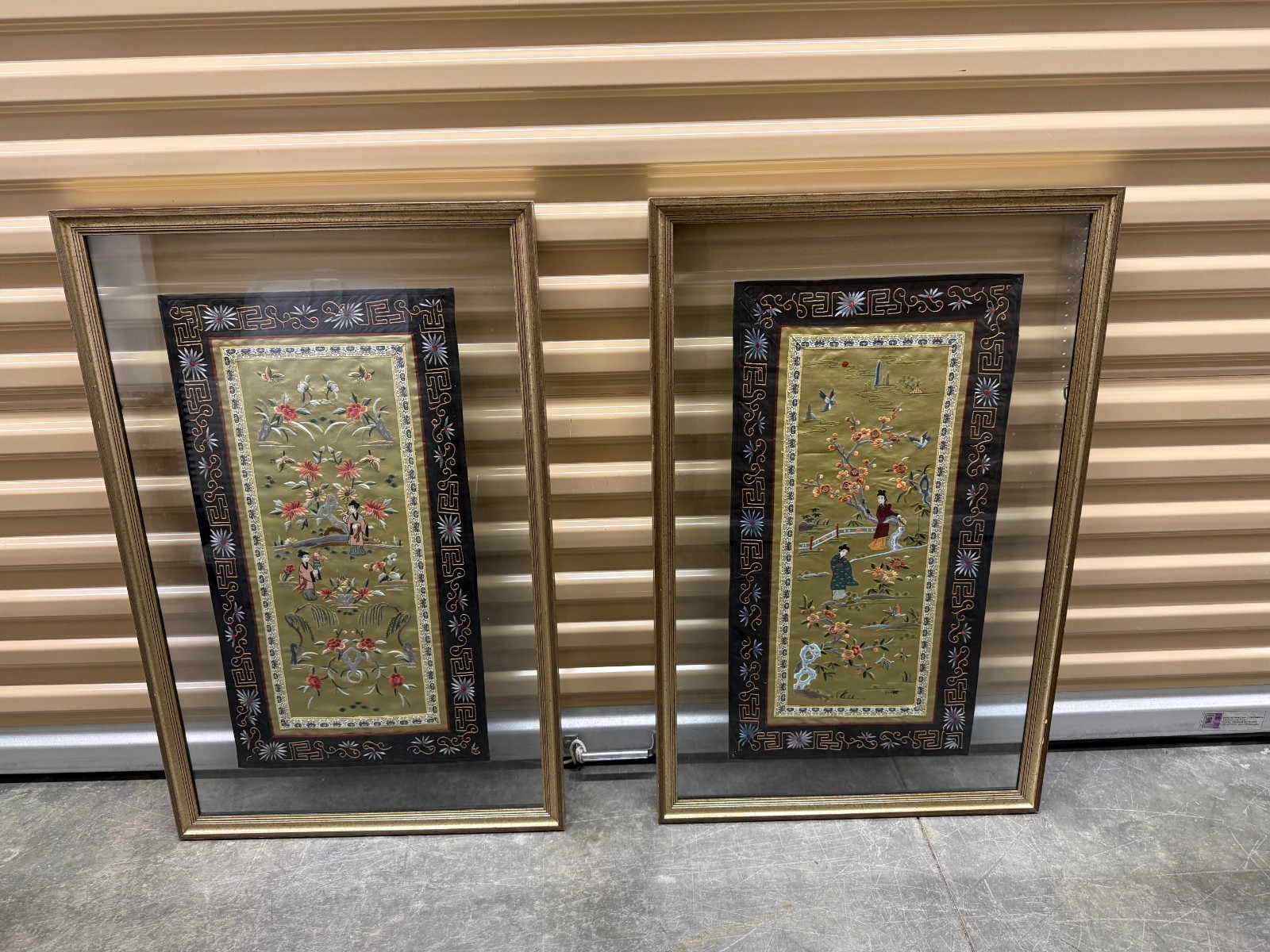 Vintage 1960s Set of 2 Chinese Silk Hand Embroidered Tapestry in Frame-Dun Huang