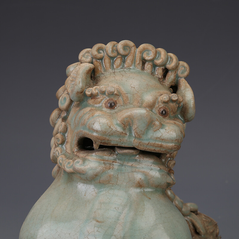 8.2″ Collect China Lavender Grey Glaze Porcelain Foo Fu Dog Guardion Lion Statue