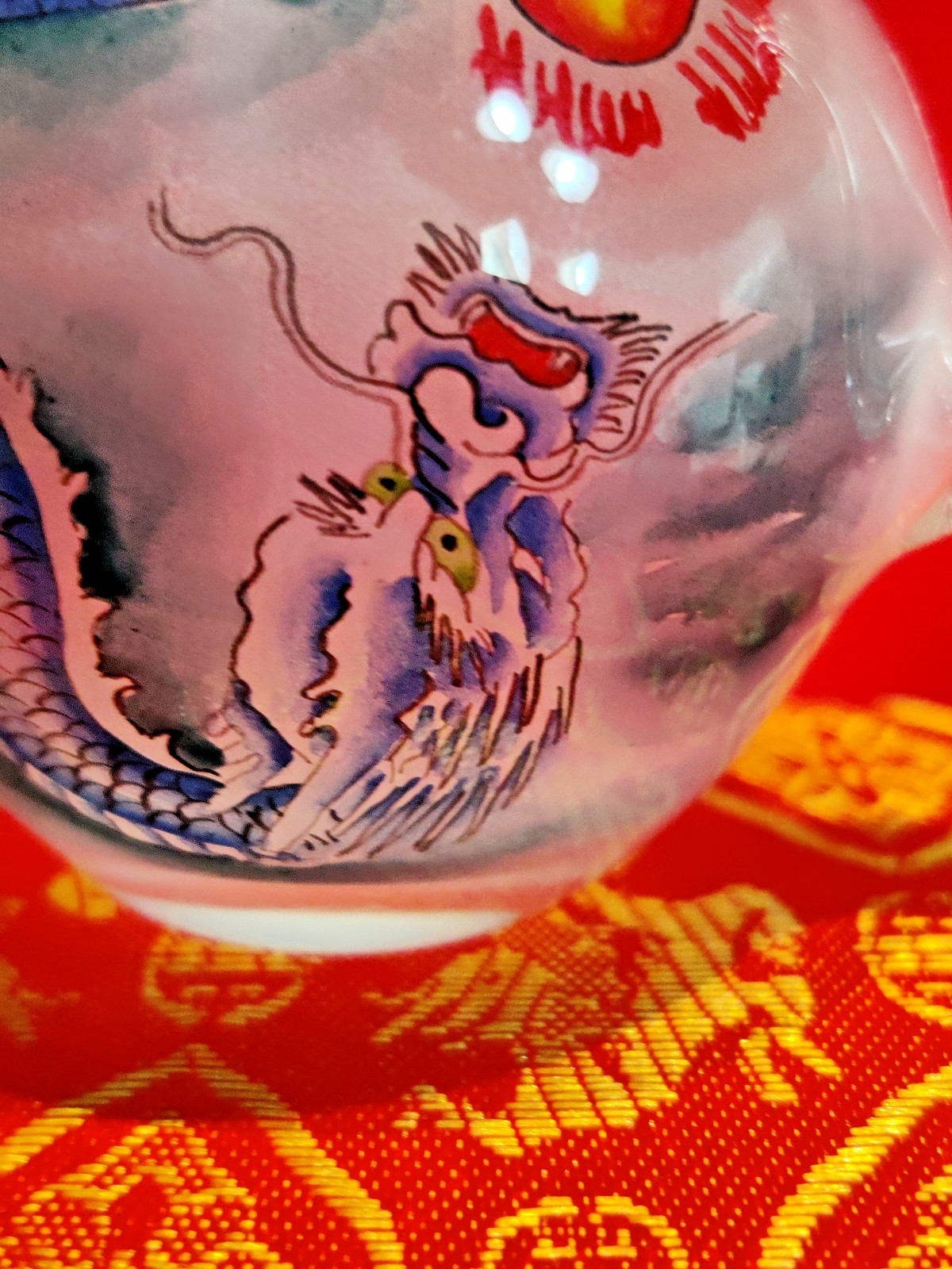 VTG Asian Glass Teapot Mini Reverse Painted Dragons Tea Pot Gift Box Small