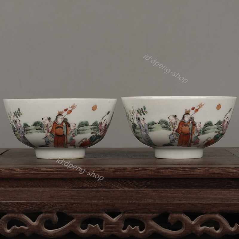 4.5″ China Famille Rose Porcelain Hand Painting Ancient Figure Stories Bowl Pair