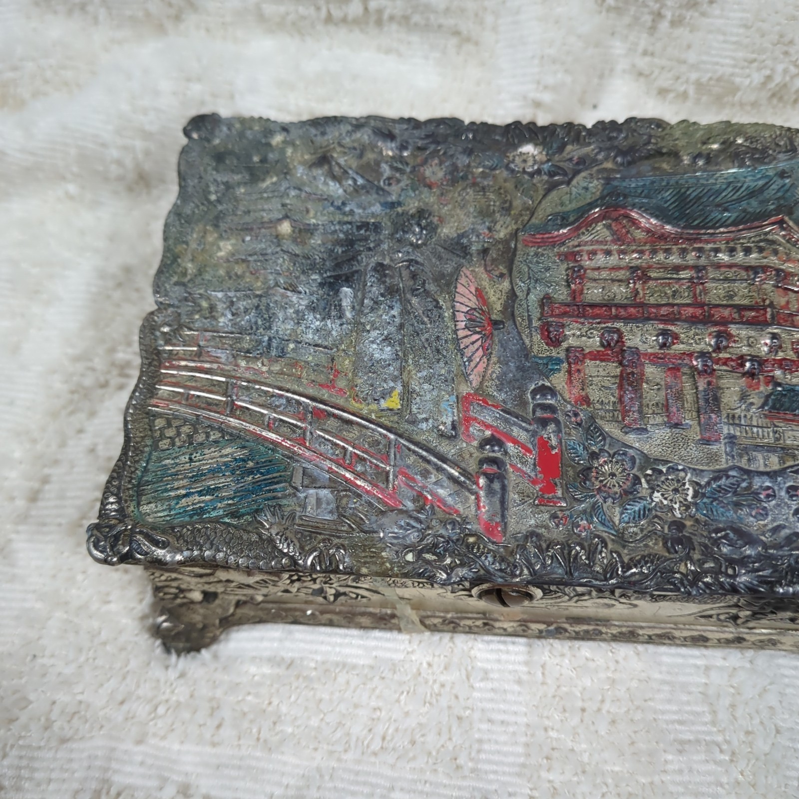 Beautiful Ornate Silver Chinese Trinket Musical Box WORKS Made In Occupied Japan