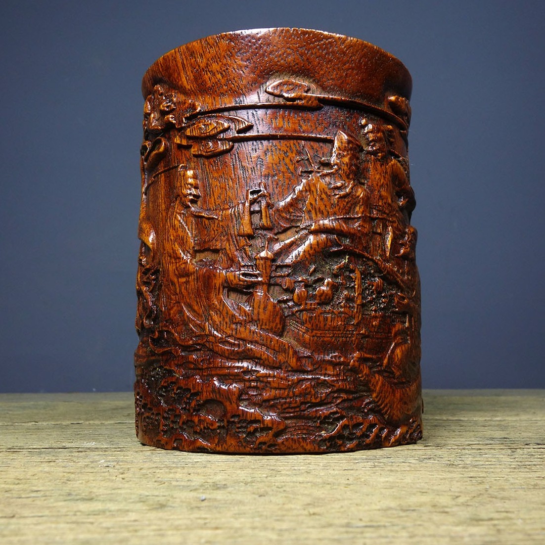 Vintage Rosewood Brush Pot, Hand-Carved Eight Immortals, 14.5cm