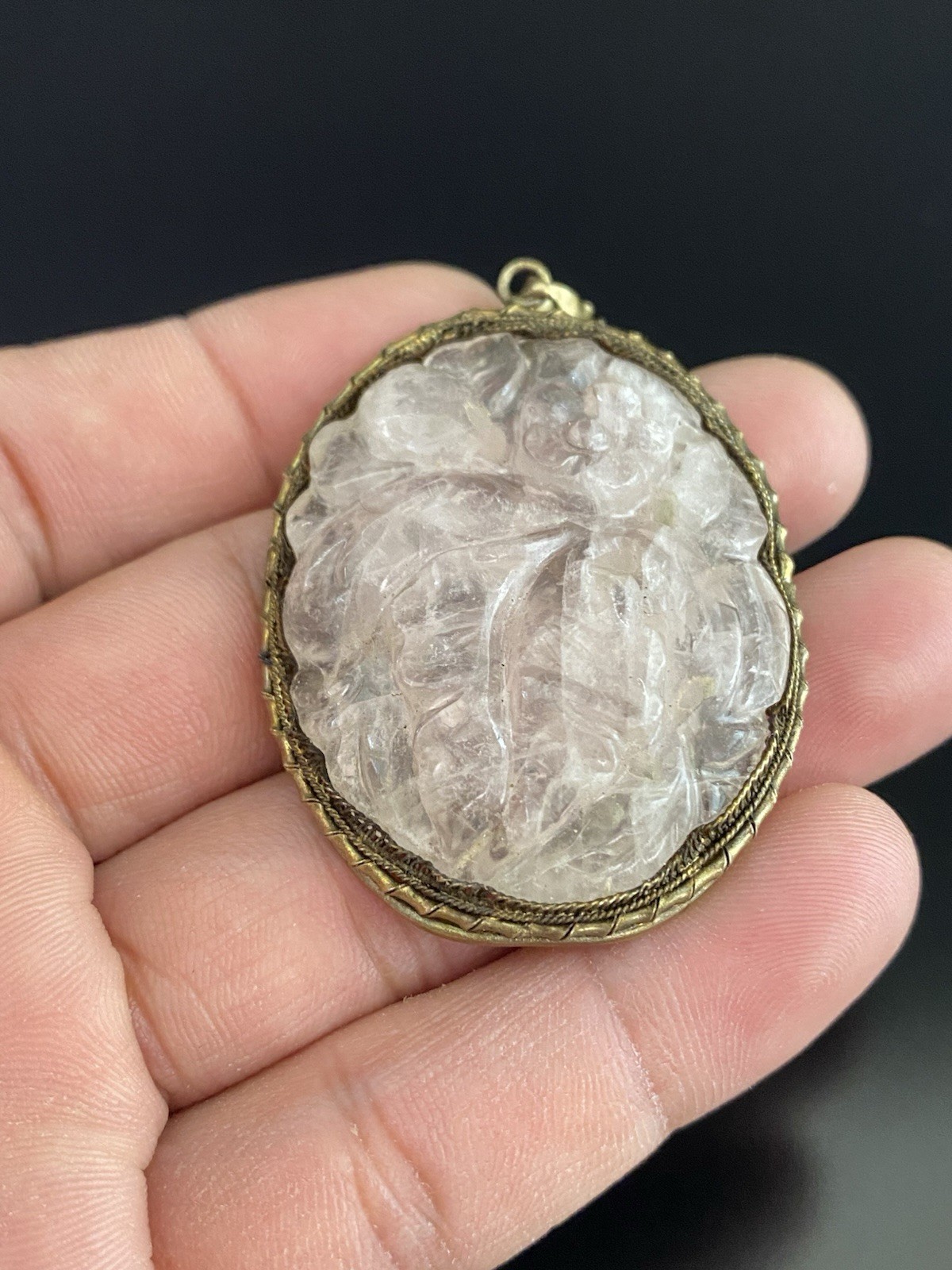 Chinese VTG Carved Pink Quartz Large Oval Intricate Sterling Filigree Pendant