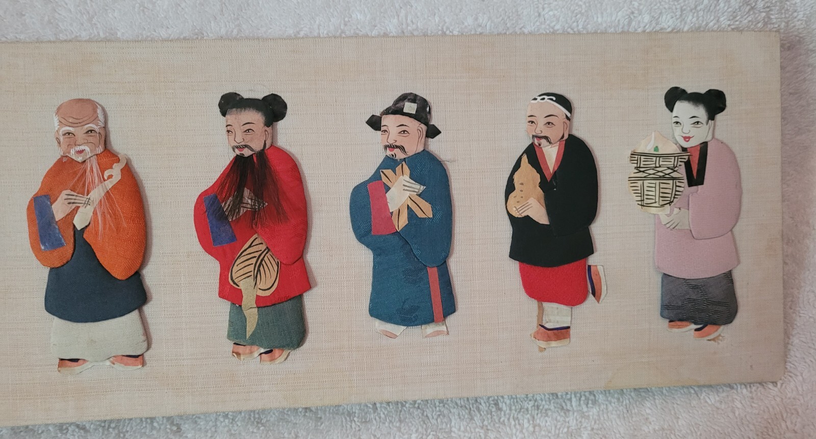 9 Vintage Chinese Mythology Hand Painted Silk On Paper Dolls W/ Hair Unframed