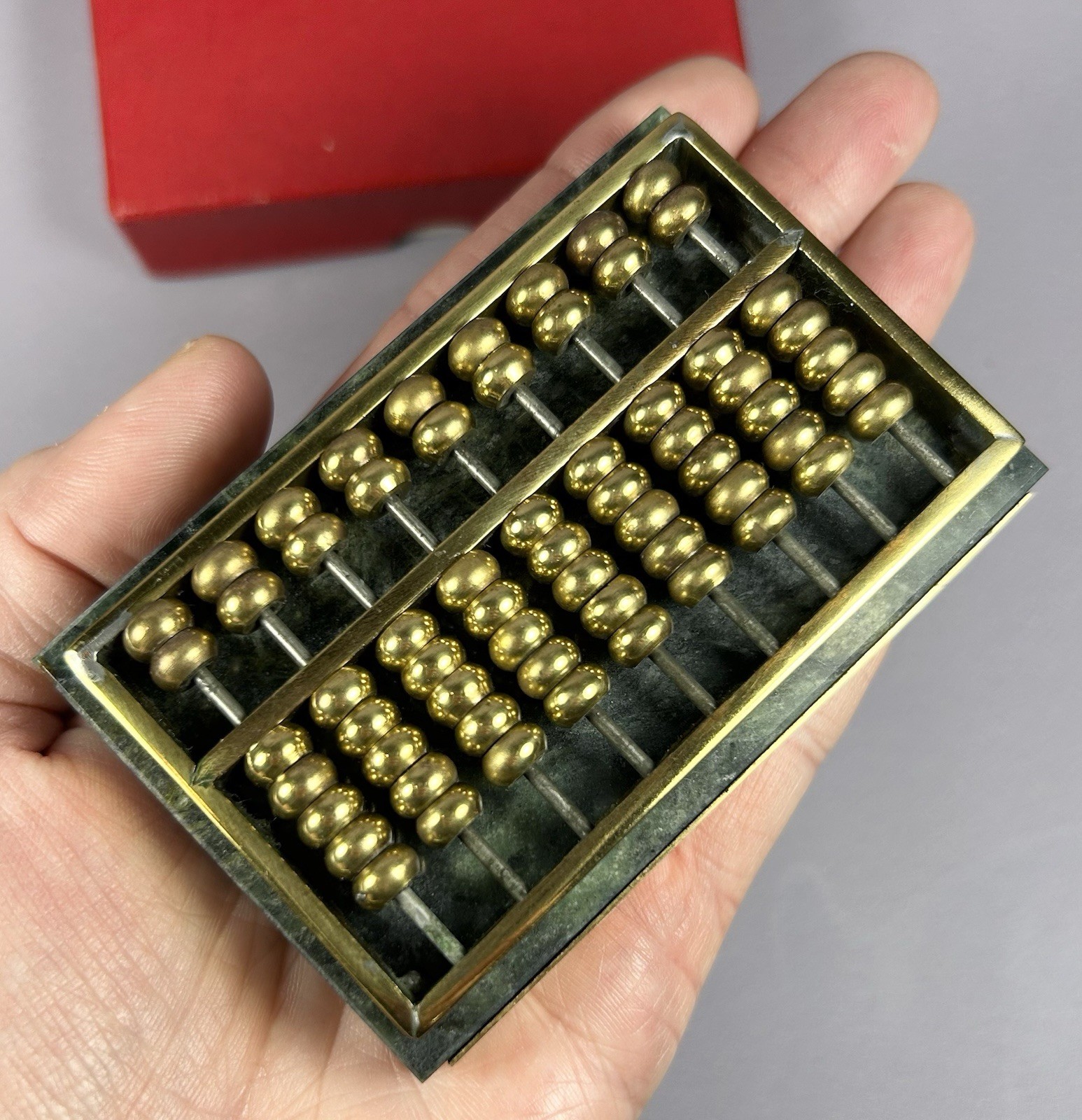 Vtg Miniature Asian Abacus Green Marble Base Brass Beads 3.25” X 2.25” Game