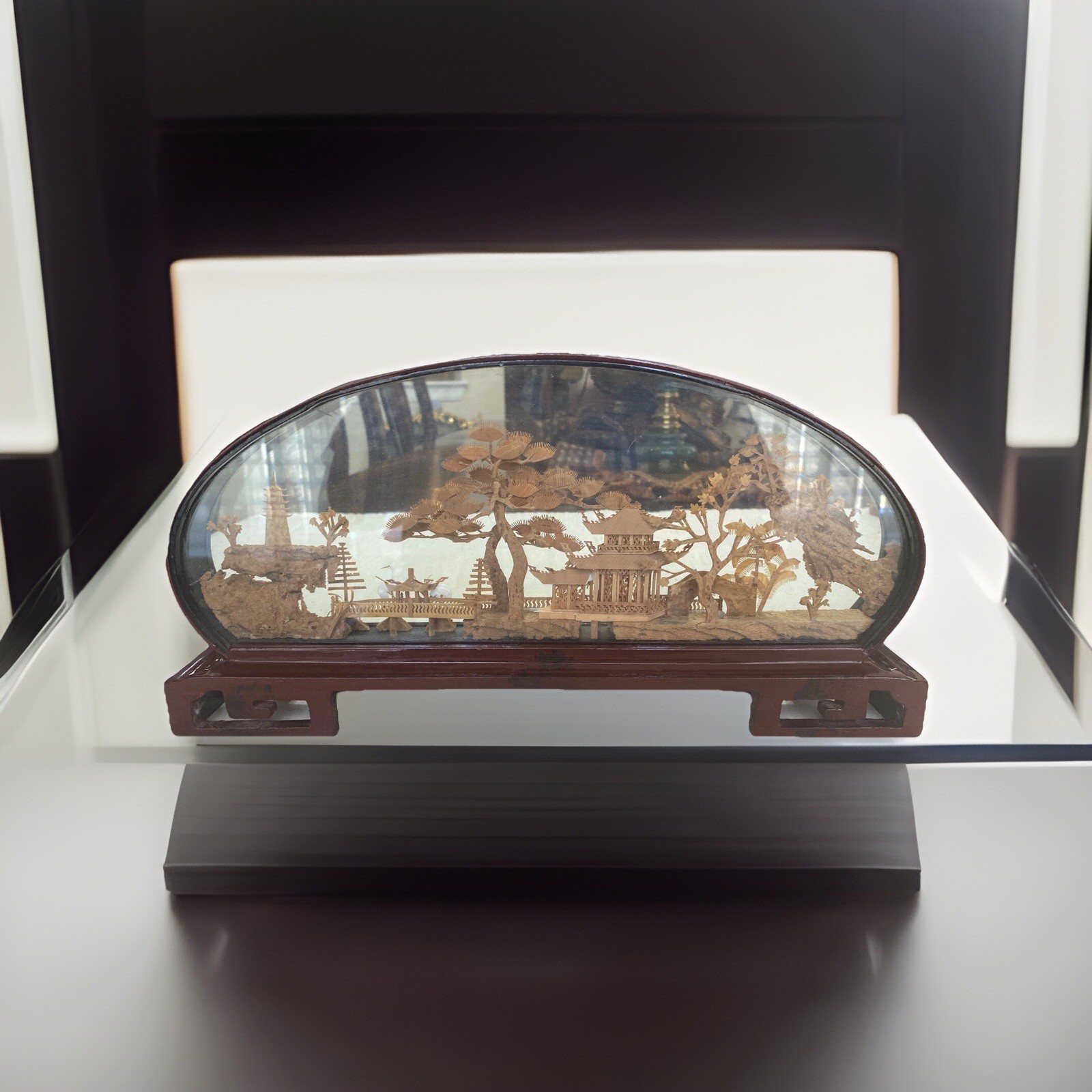 Vintage Large Chinese Cork Art In Glass Box Birds Garden Soothing Scenery 14” L