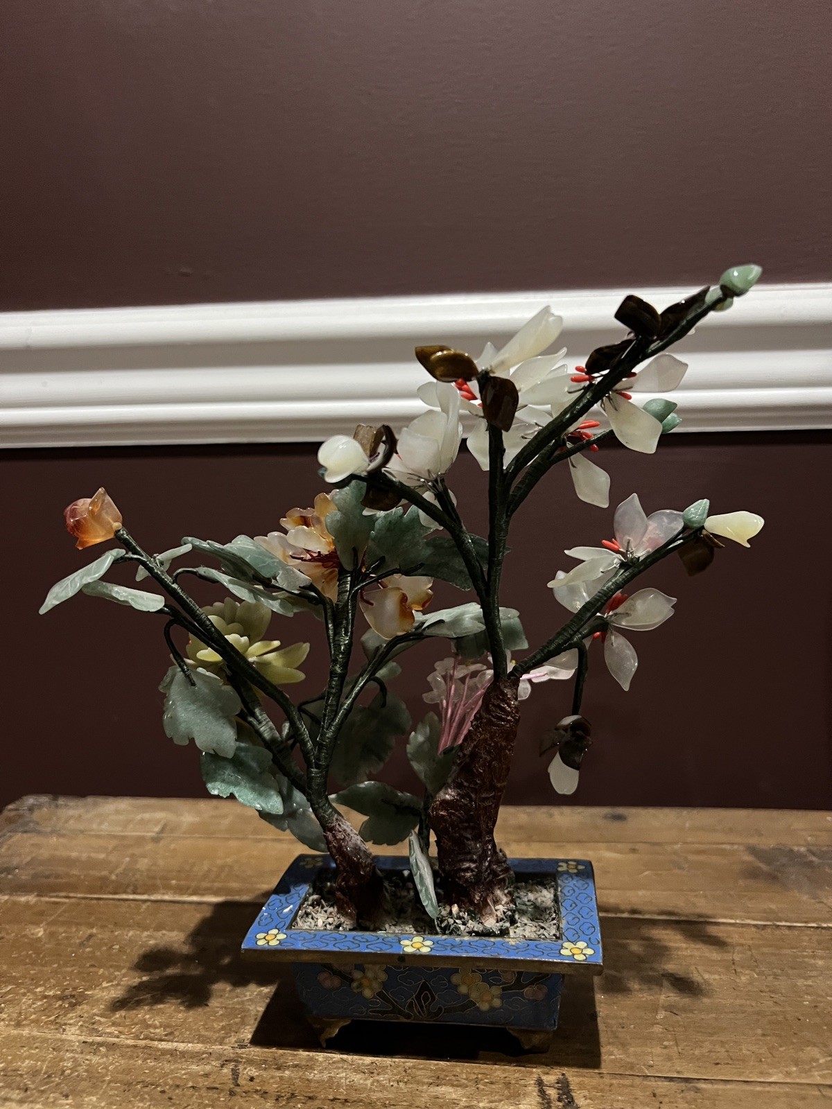 Vintage Chinese Jade Quartz Bonsai Trees In Cloisonne Pots