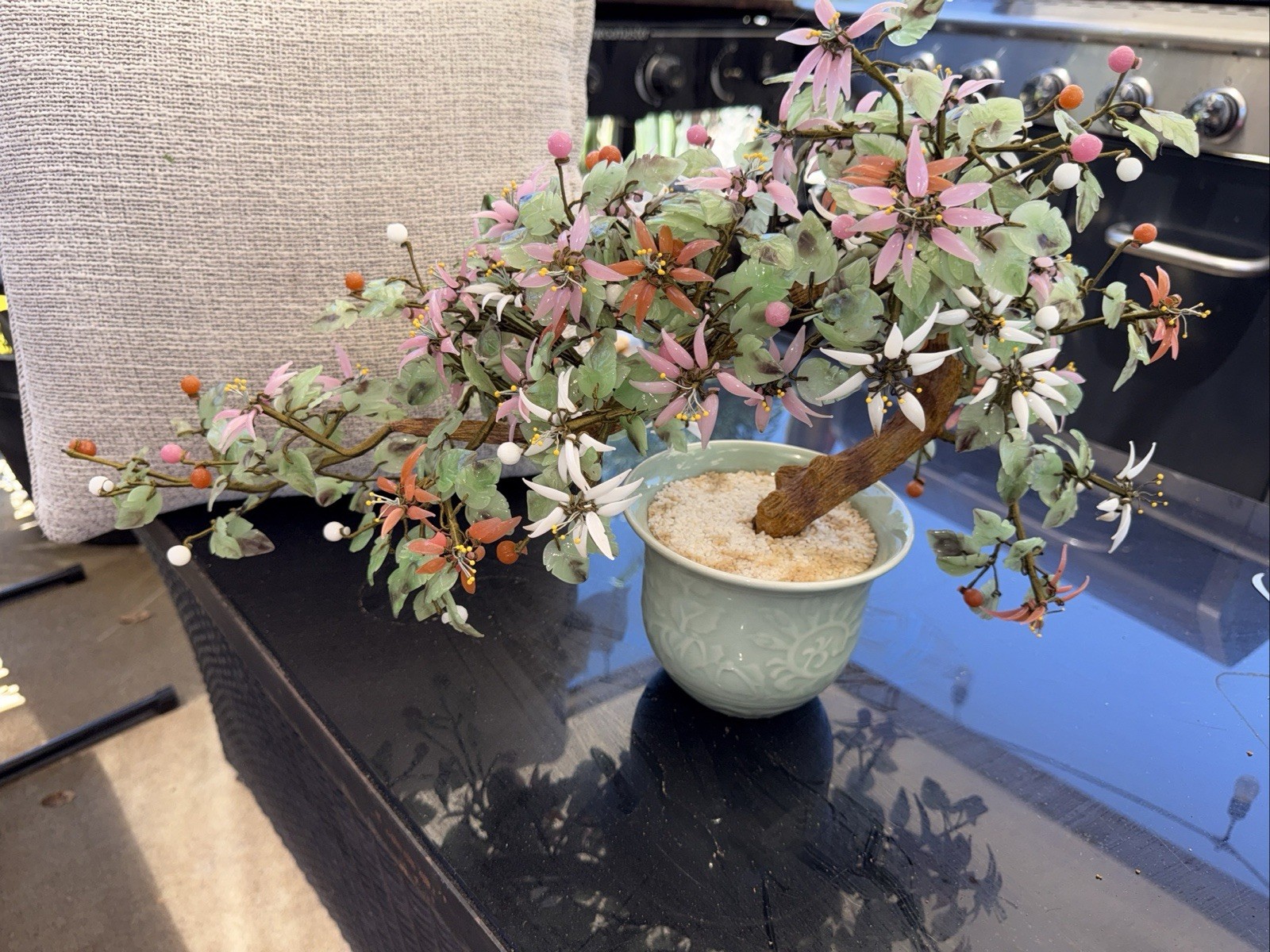 Large 18″ Vintage Chinese Peking Glass/Jade Bonsai Tree In Celadon Planter