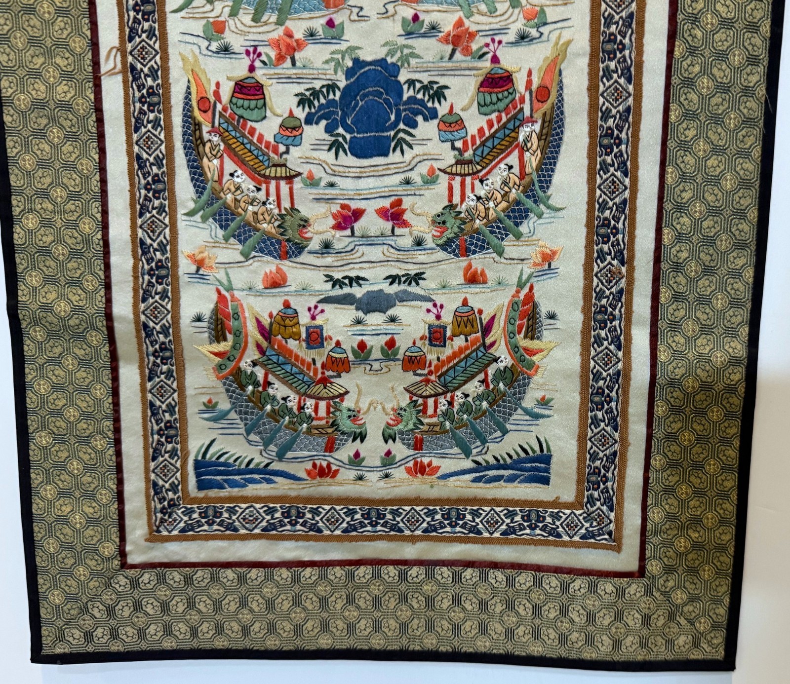 GORGEOUS COLORFUL CHINESE EMBROIDERED SILK PANEL ART WORK – 25″ X 12″ 1/2