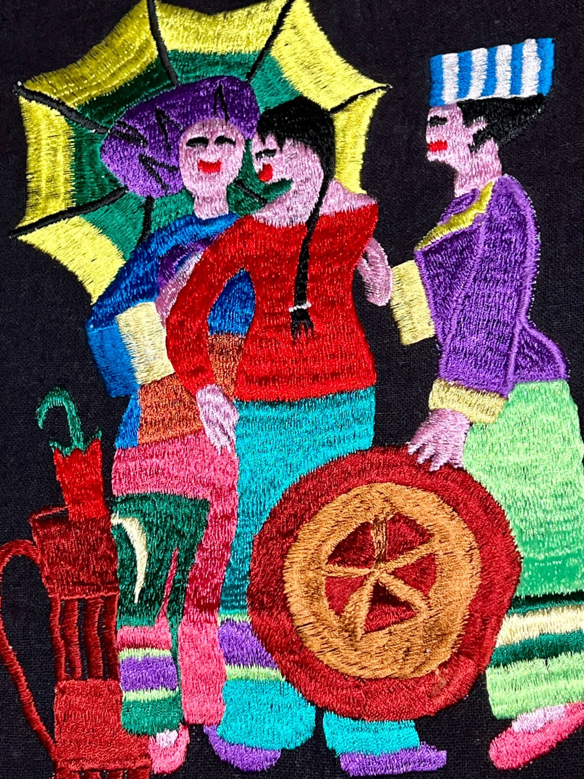 Asian Embroidered 17 x 11 Felt Art Colorful Wall Hanging Sewn Tapestry Banner
