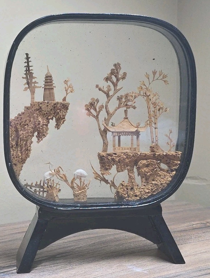 Vintage Chinese Cork Hand Carved Diorama In Glass & Black Laquered Wood Case