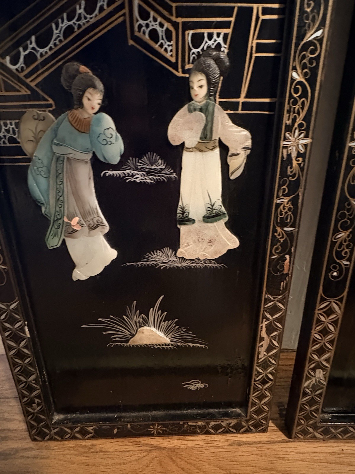 Pair Vintage Chinese Black Lacquer Applied Hardstone Court Figures, MOP Inlay