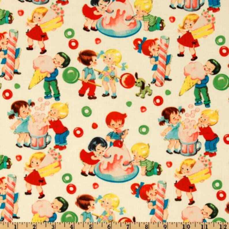 Michael Miller Retro Fabric- Candy Shop 100% Cotton- Machine Wash- Vintage Kids!