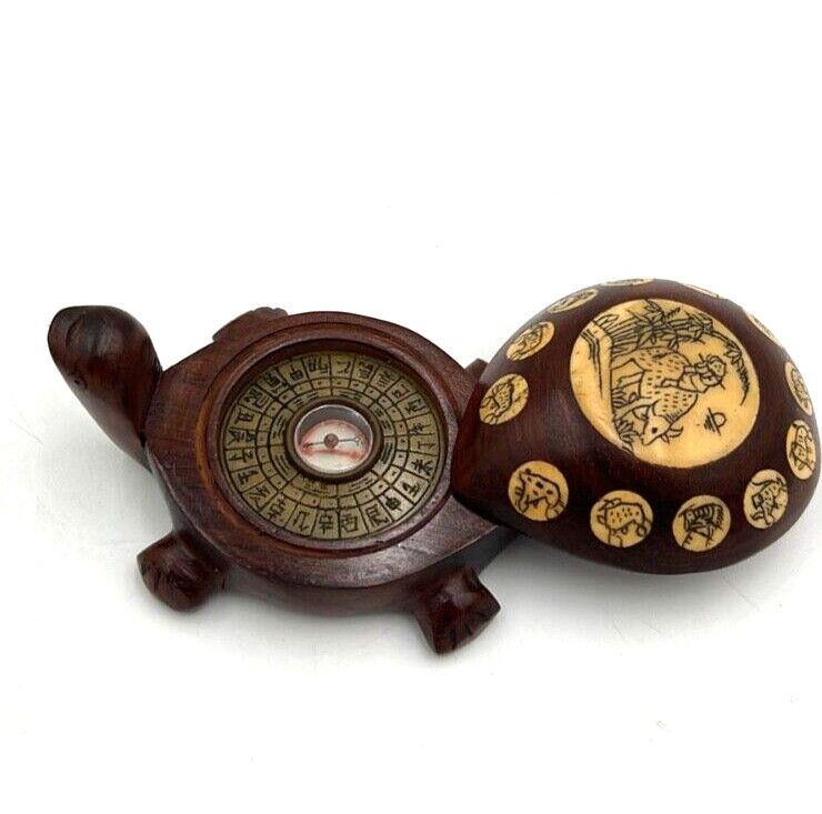 Chinese Wooden Zodiac Turtle With Compass