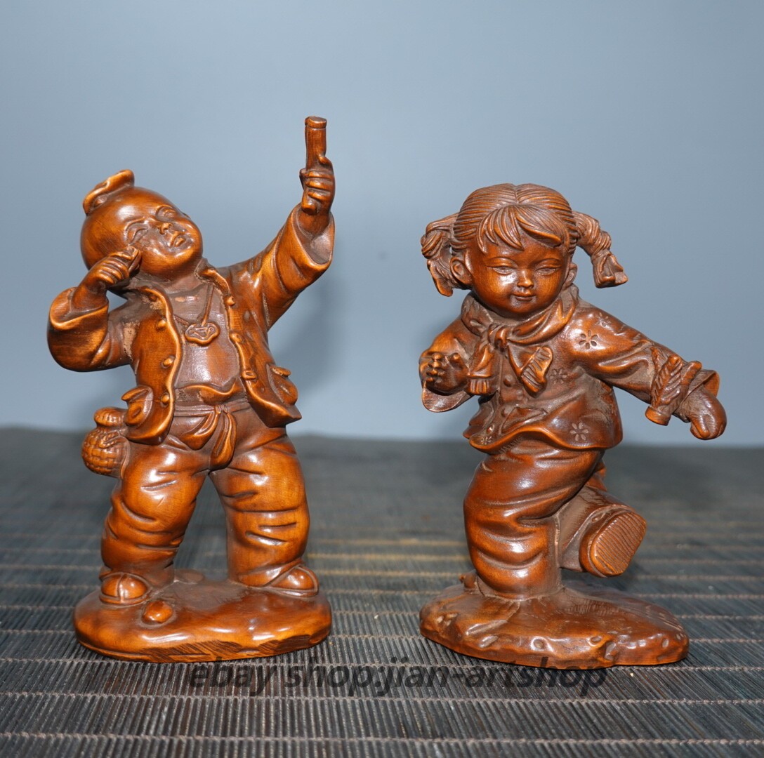 4.5″ Collect China Box-wood Carving Naughty Young Boys and Girls Statue Pair