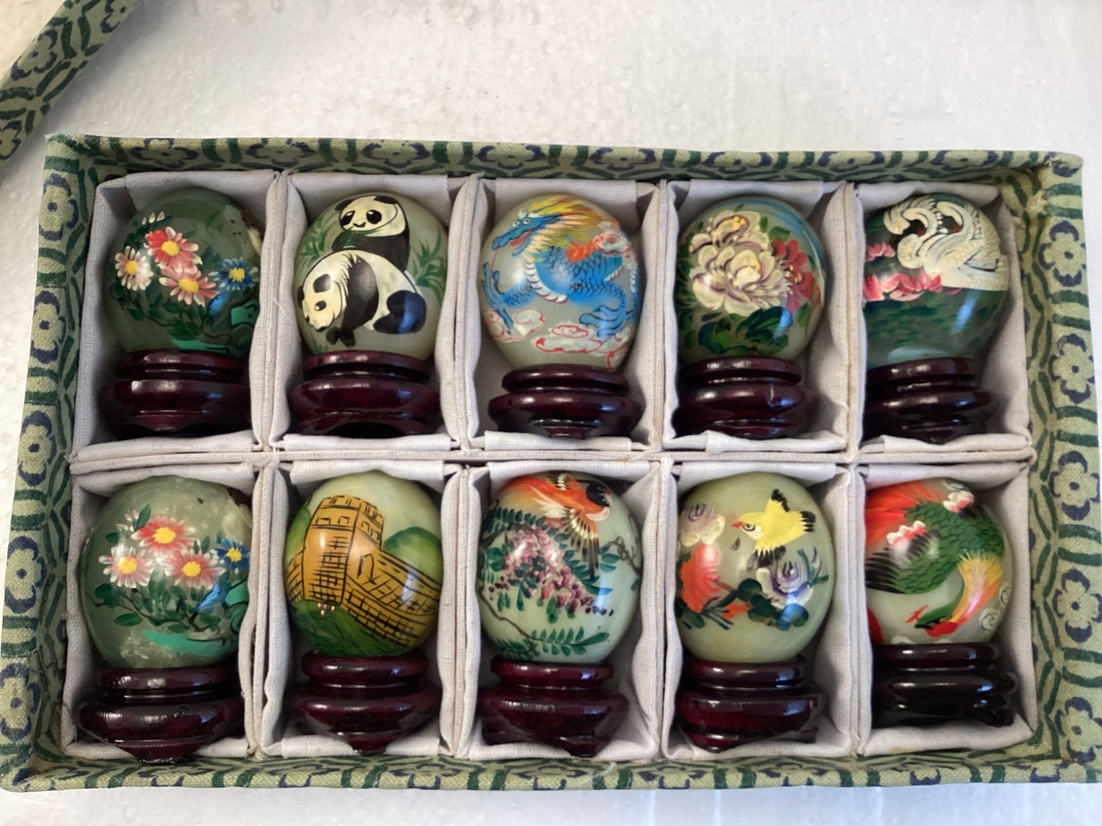 Set of 10 Hand Painted Asian Jade Eggs w/stands Pandas Birds Flowers Great Wall