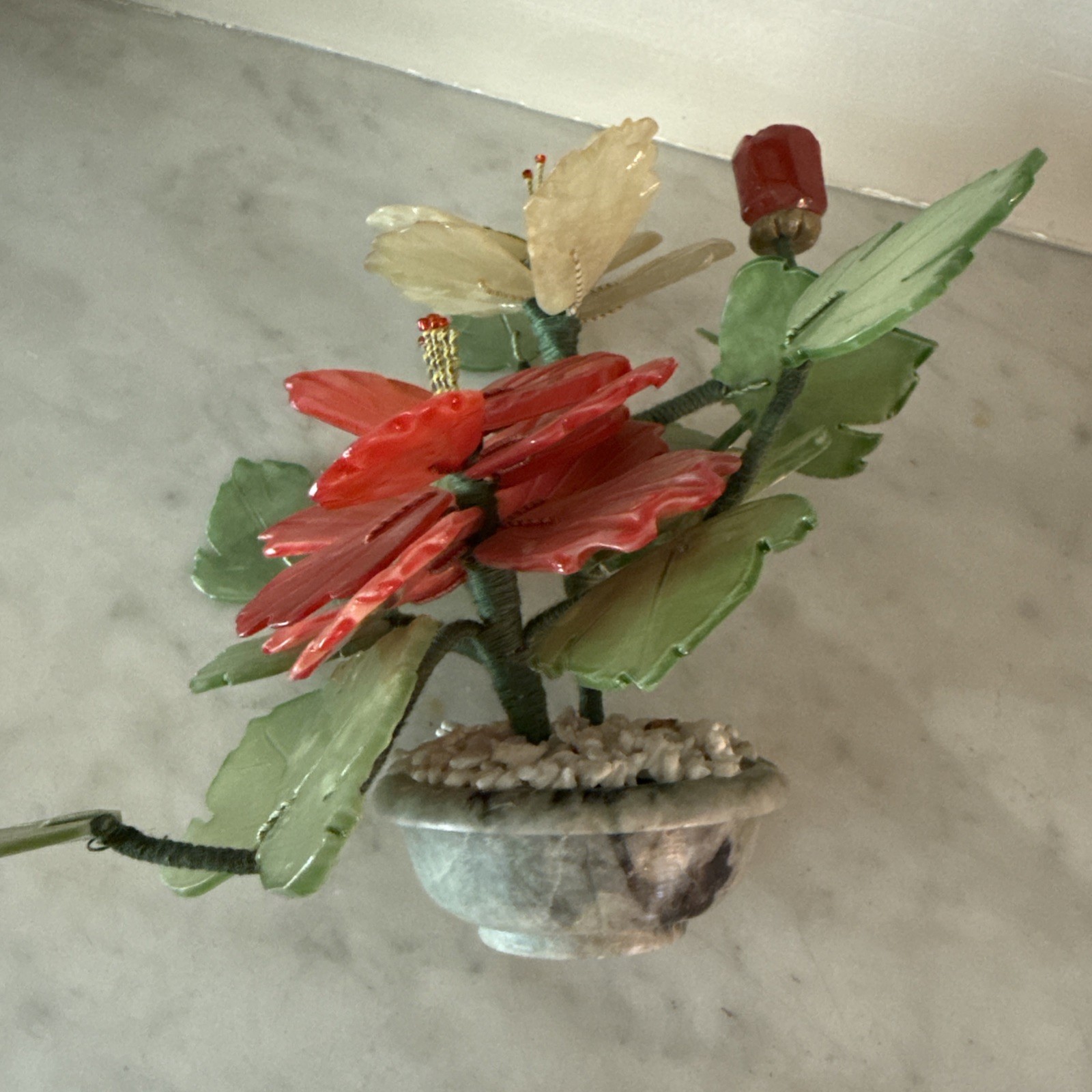 Vintage Jade Bonsai Tree Carved Red Hibiscus Flowers High Blossom 6.25” By 7”