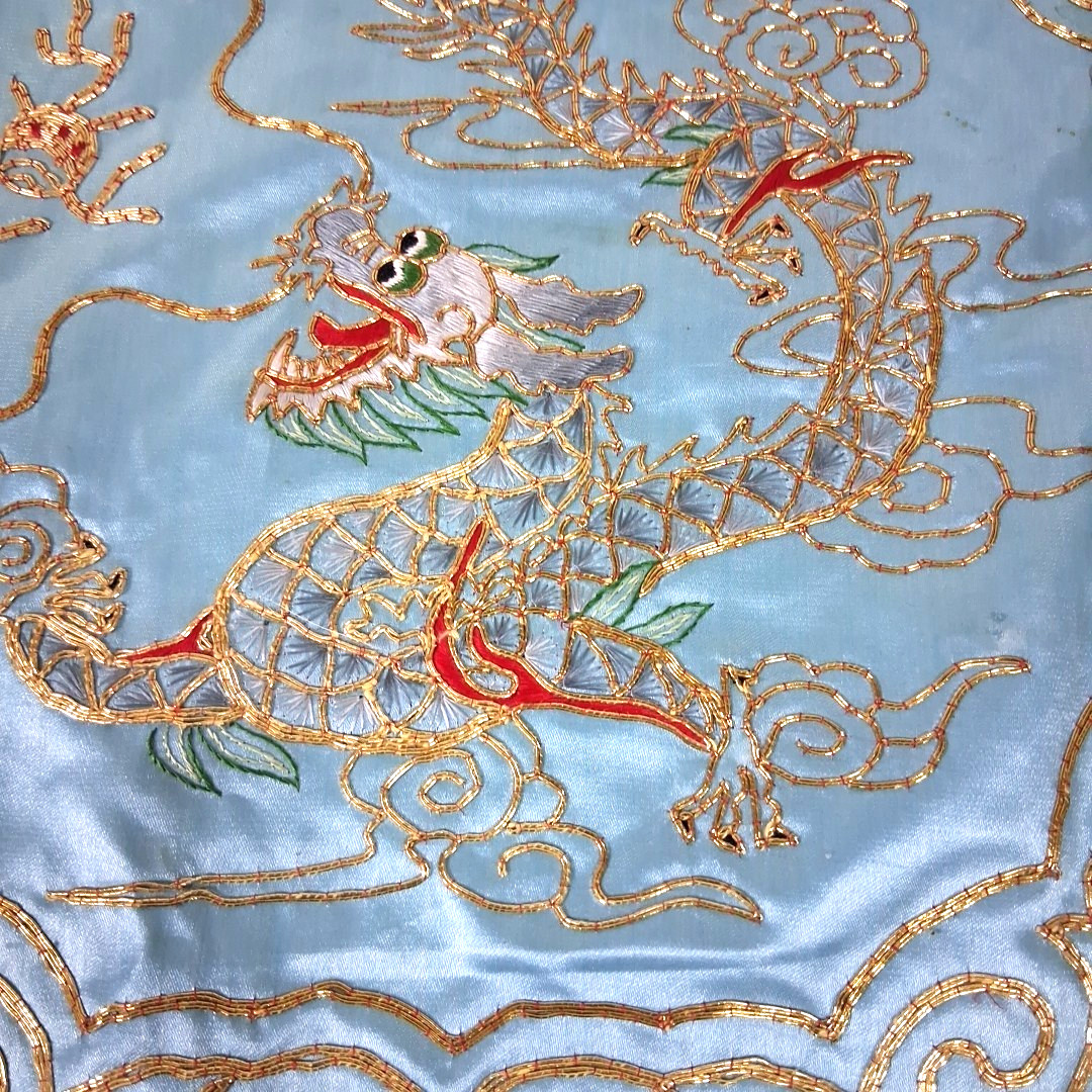 Vintage Silk Embroidered Asian Dragon Blue and Gold Metallic Fabric Table Mat