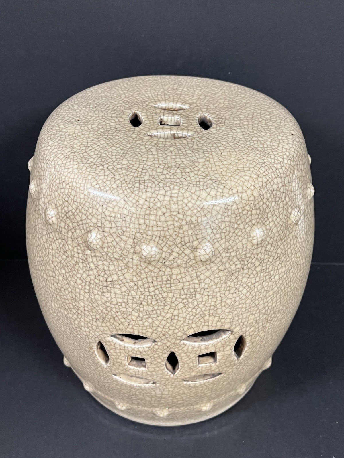 Vintage Chinese Porcelain Round Garden Stool Darker Beige Crackled Double Coin