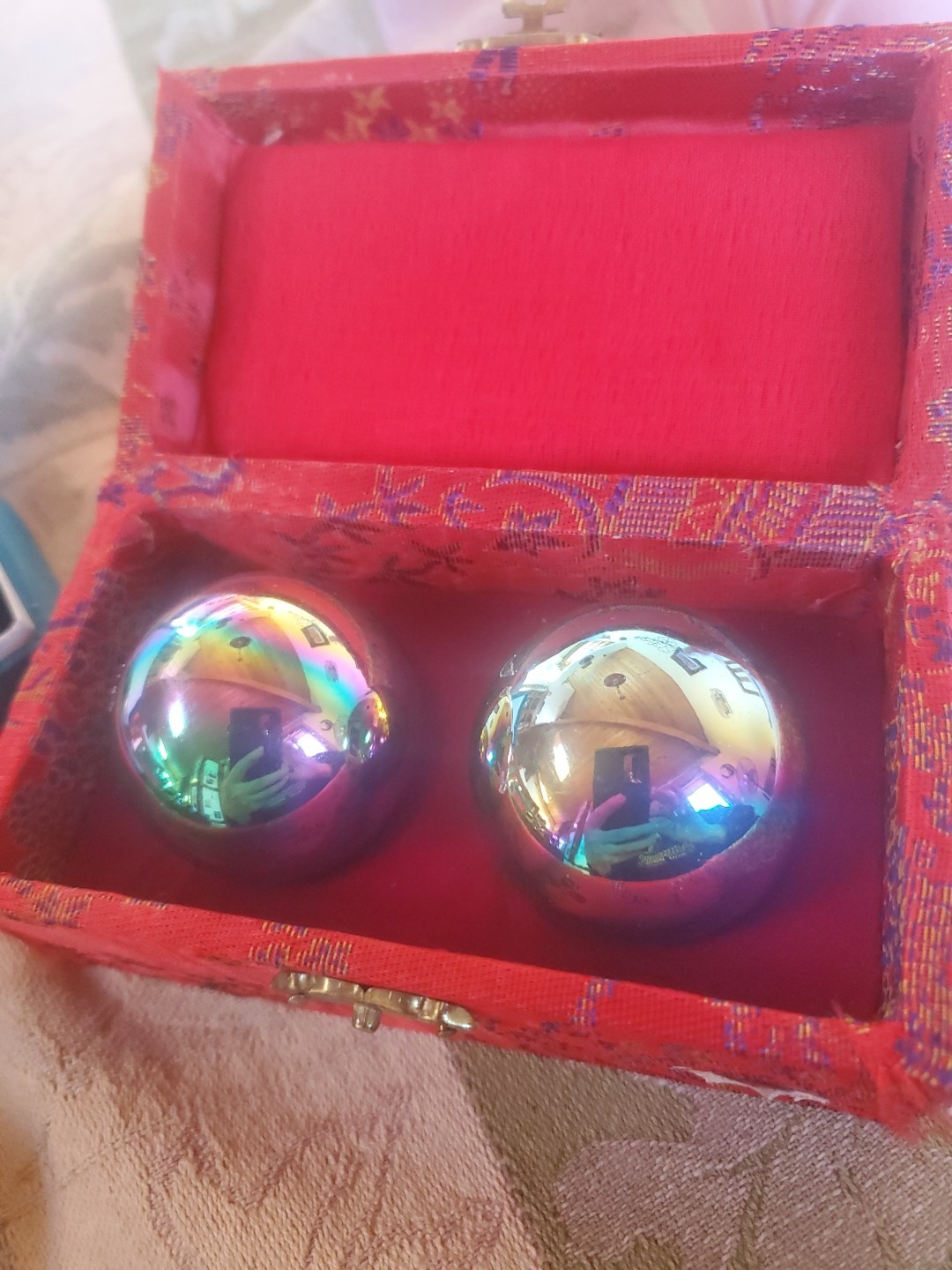 Chinese Baoding Stress Relief Balls -Panda Design Original Brocade Box Lot Of 3