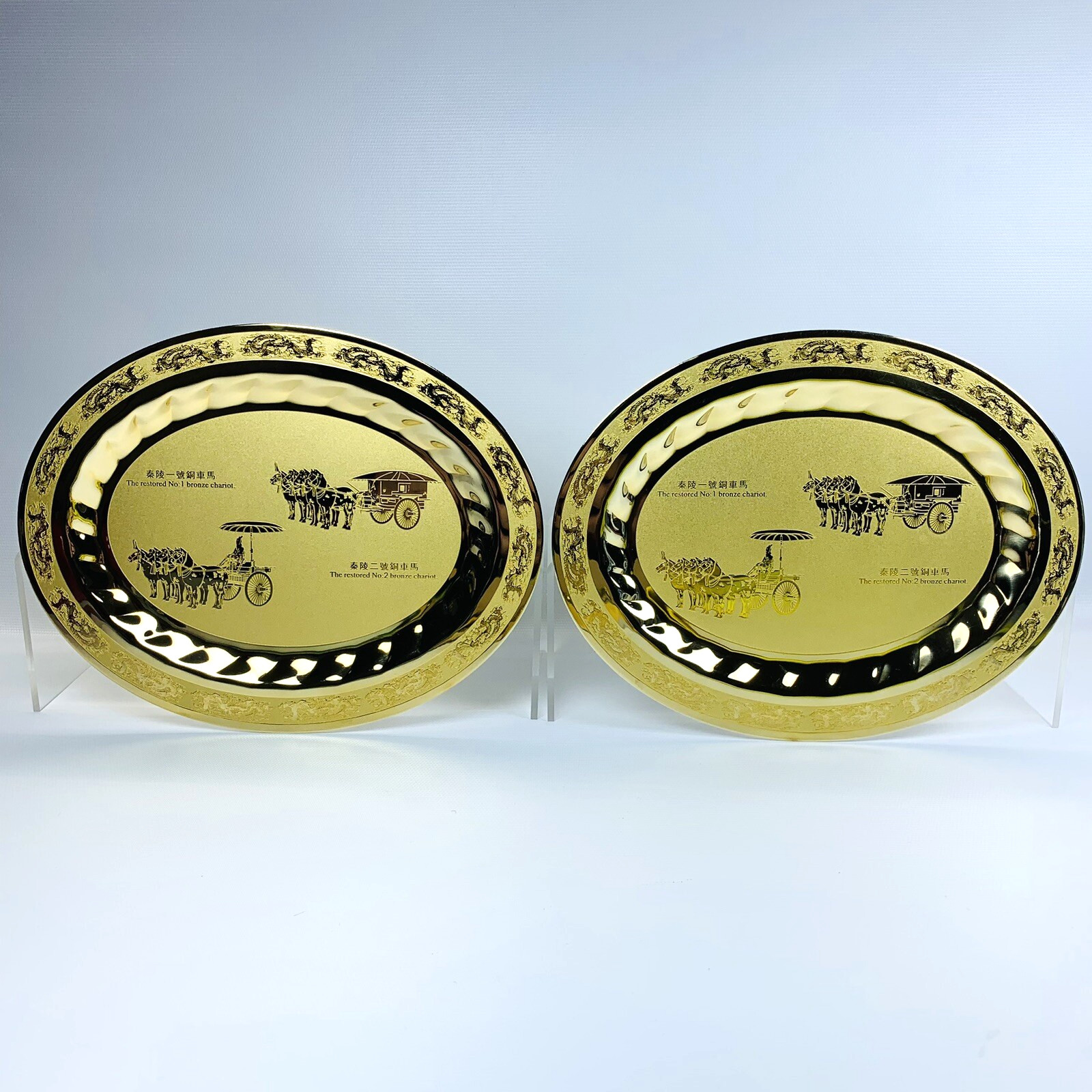 Chinese Terracotta Army Souvenir Warrior & Horse Chariot Gold Plated Bronze Dish