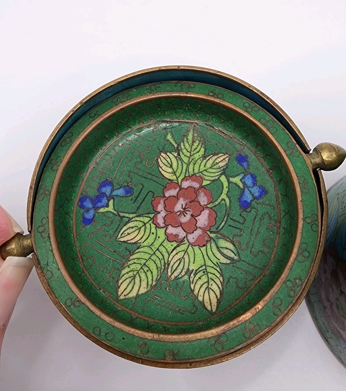 Vtg Green Chinese Lidded Cigarette Matches Ashtray Cloisonné Set Blue Enamel