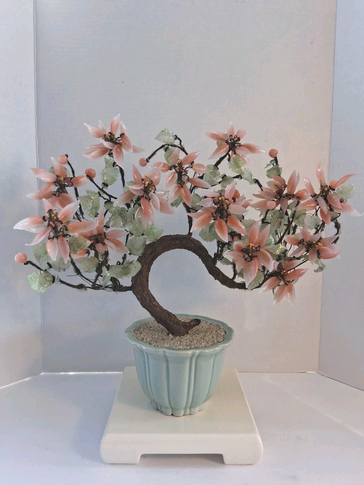 Vtg! XL Asian Bonsai Jade Glass & Coral Color Quartz Flowering Tree;14.5″x 13.0″