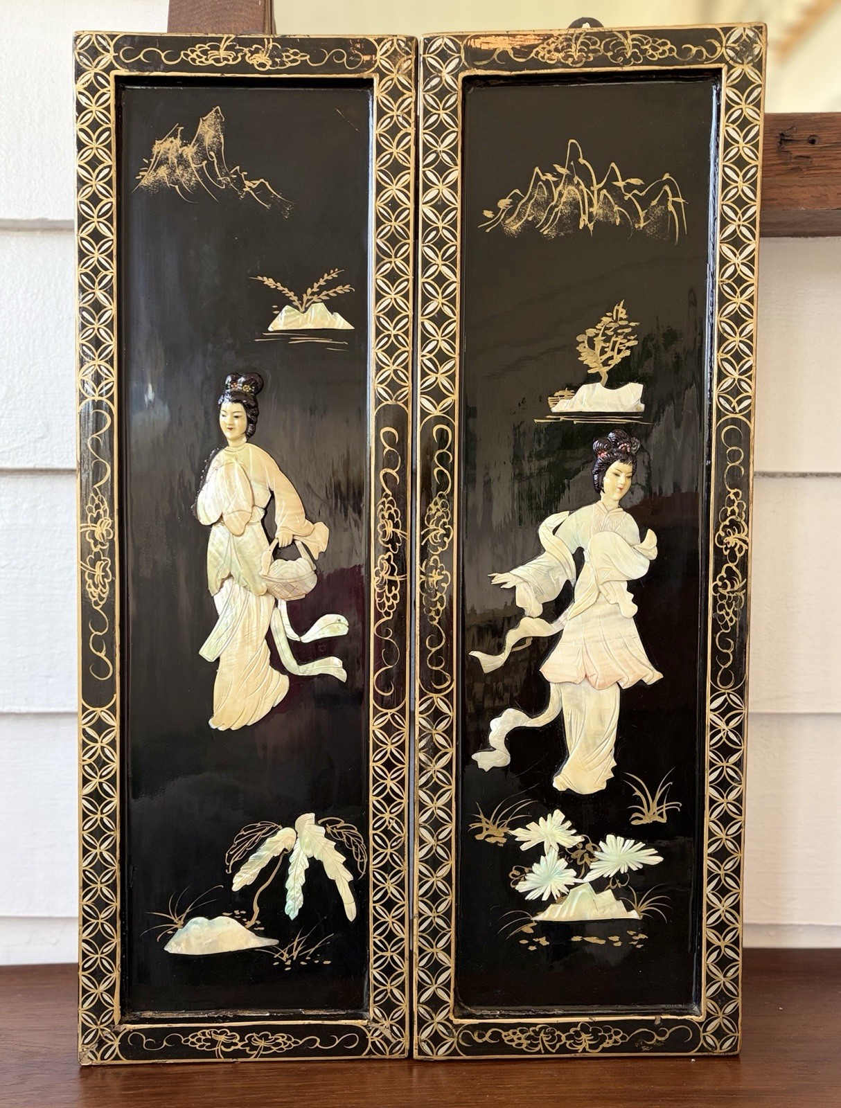 2 Vintage Asian Mother Of Pearl Inlay Black Lacquer Wooden Wall Panels
