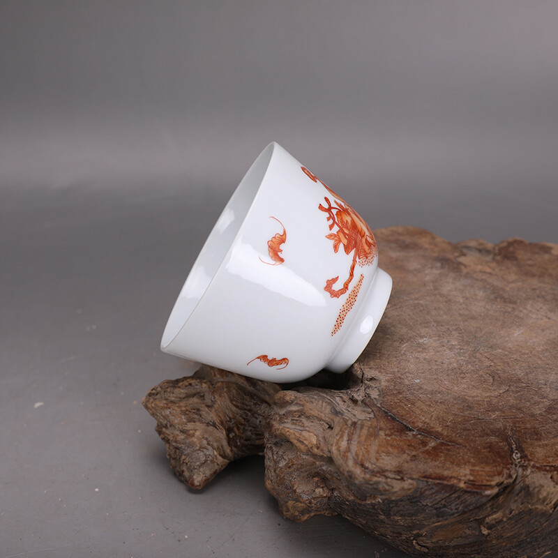 3.6″ Collect China Qing Porcelain Alum Red Longevity God Deer/Bat Cup ‘玩玉’