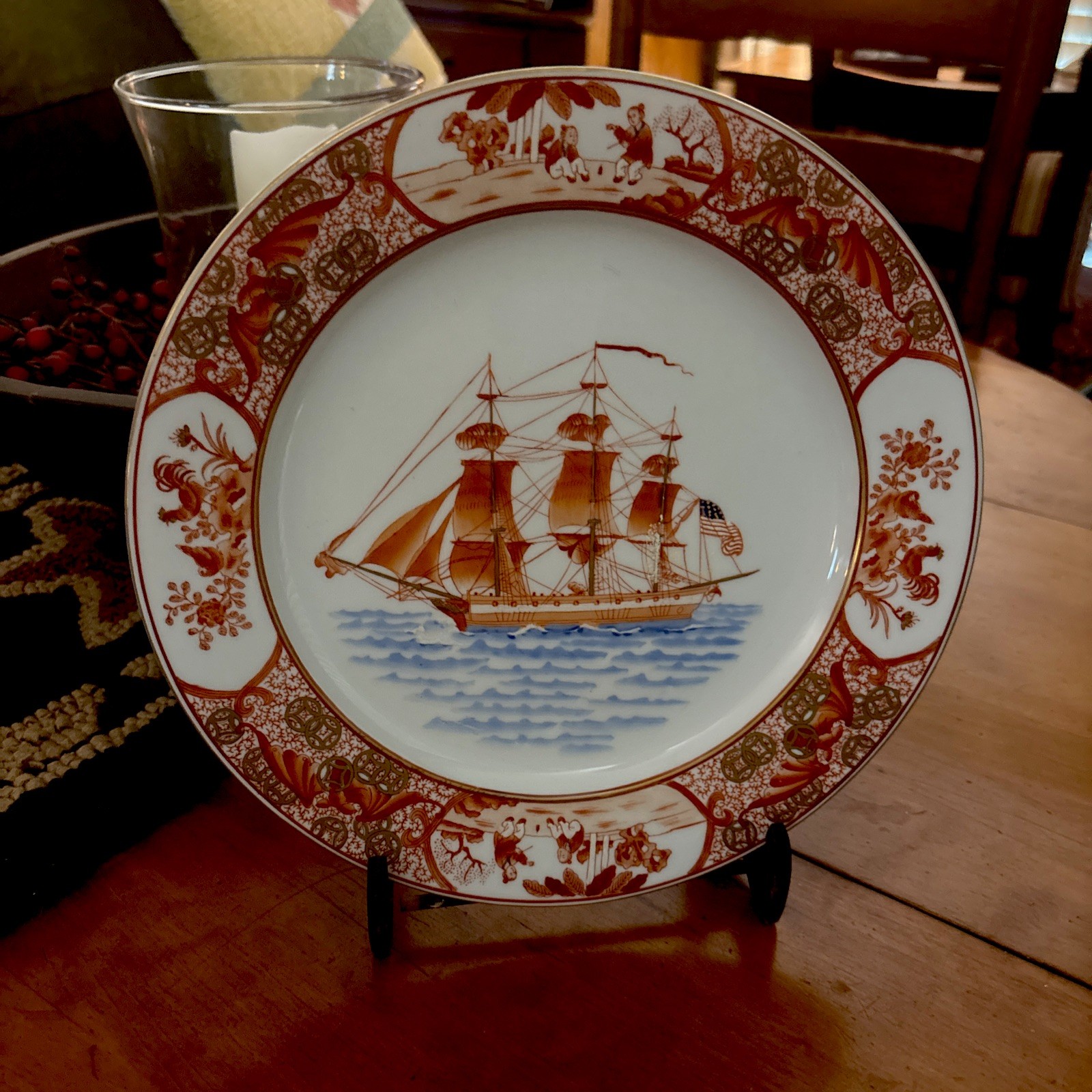 Vintage H.F.P. Macau Chinese Porcelain 10″ Hand-Painted Decorative Ship Plate