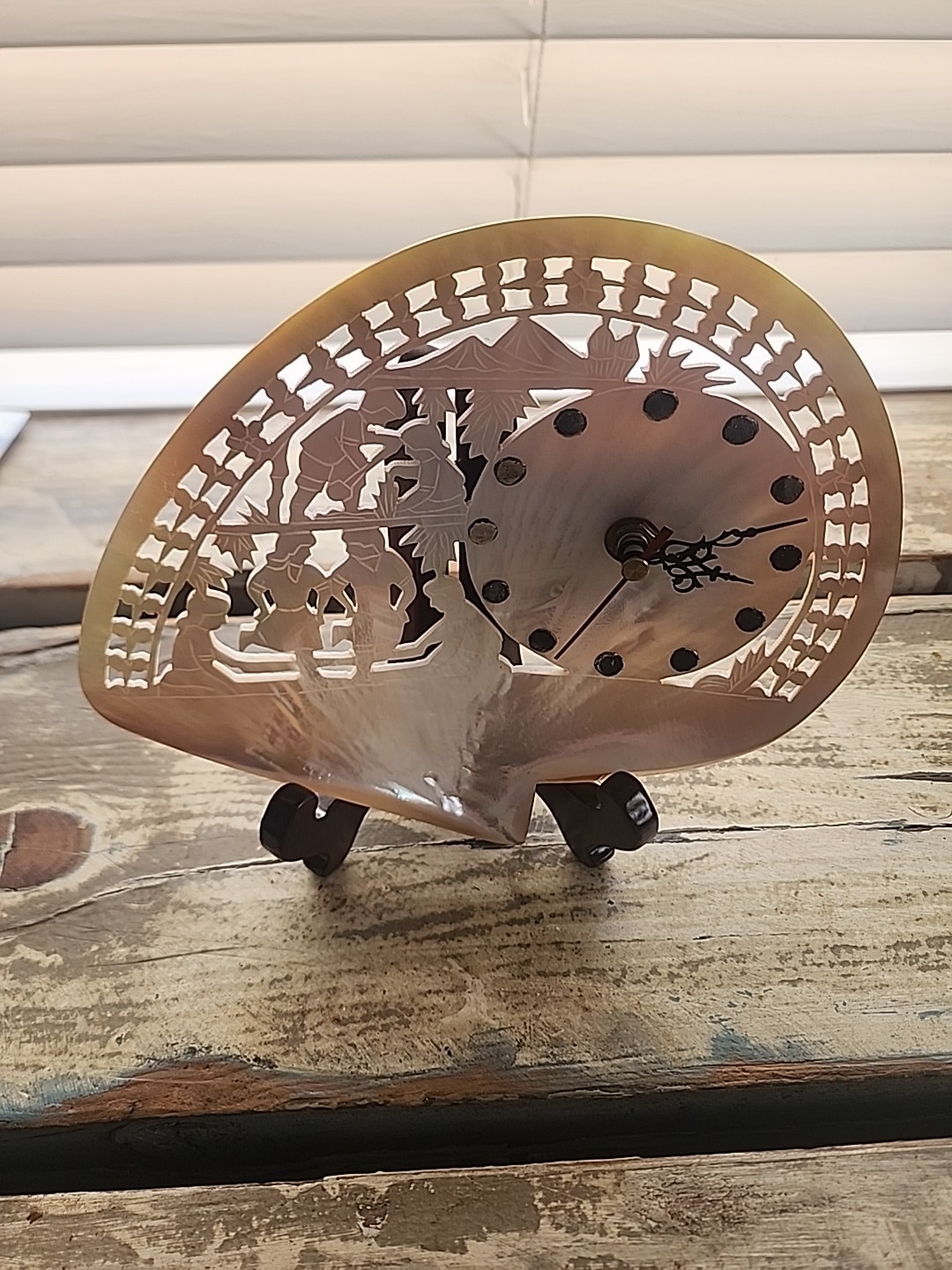 Carved Mother of Pearl Shell Clock, Philippines Scene 7″ Tall, Stand Included