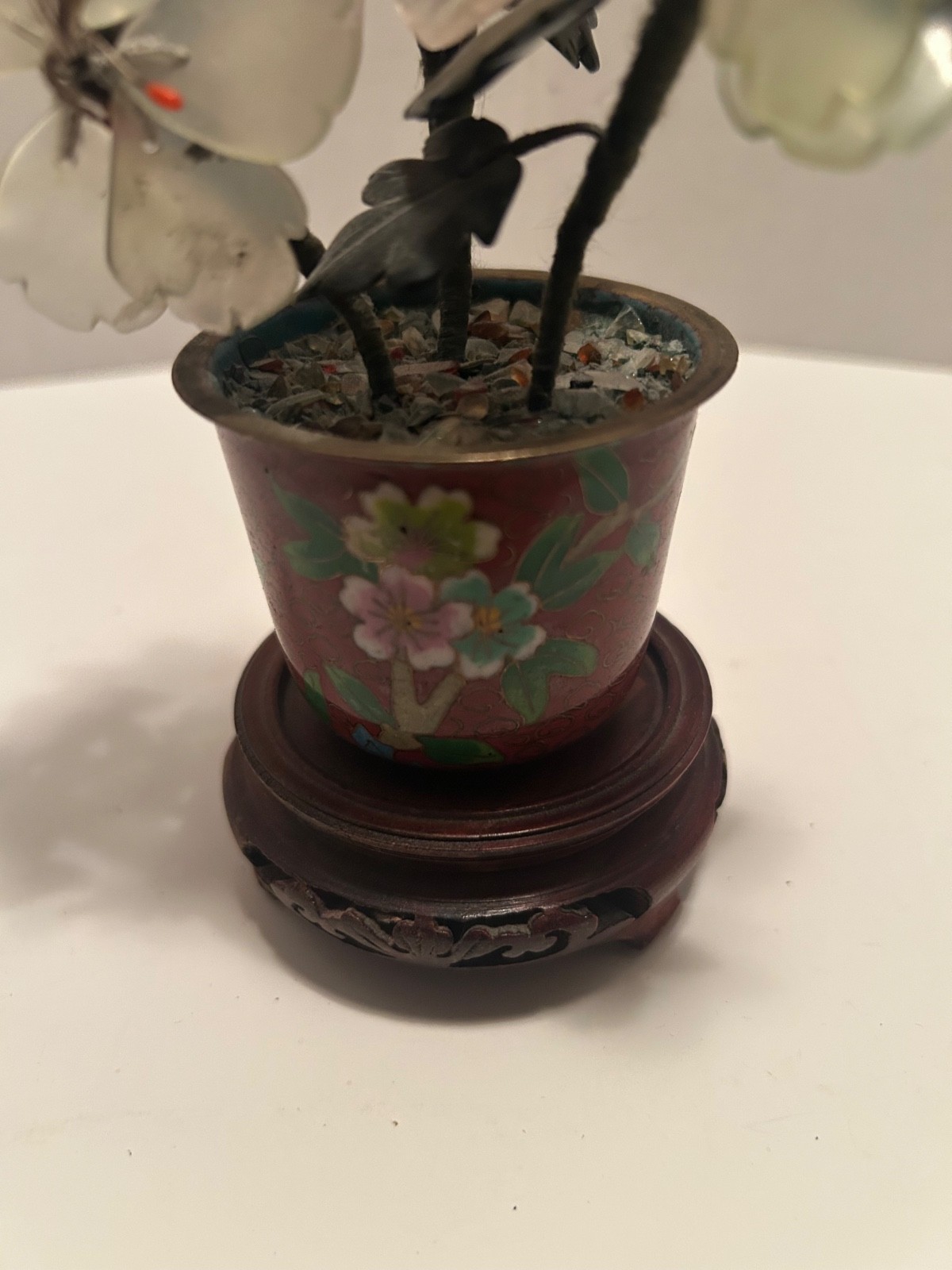 Vtg Chinese Jade Glass Leaves Multi-Color Flowers Bonsai Tree Green Celadon Mini